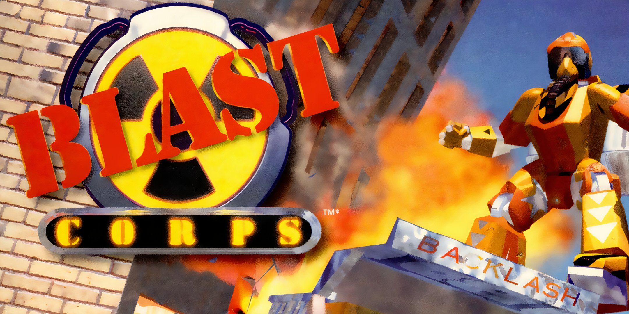 Robot stands next to the Blast Corps logo in front of an exploding building. 