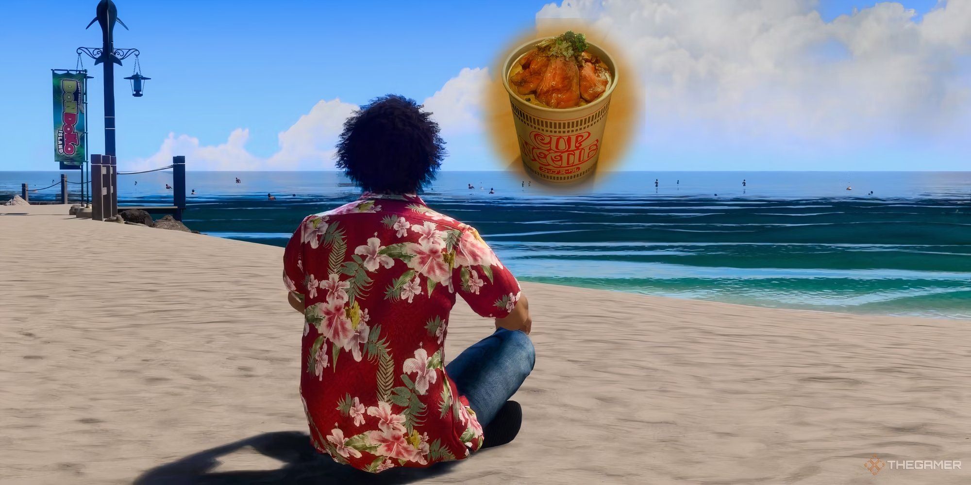 Ichiban from Like A Dragon: Infinite Wealth sits on the beach thinking about the Cup Noodles from Final Fantasy 15