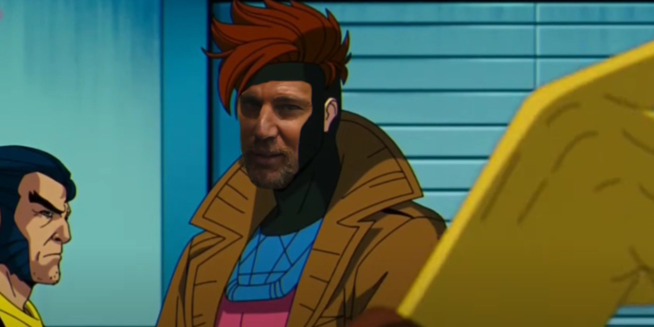 Image showing a scene with Gambit and Wolverine from X-Men 97, where Gambit's face has been replace by the face of Channing Tatum.