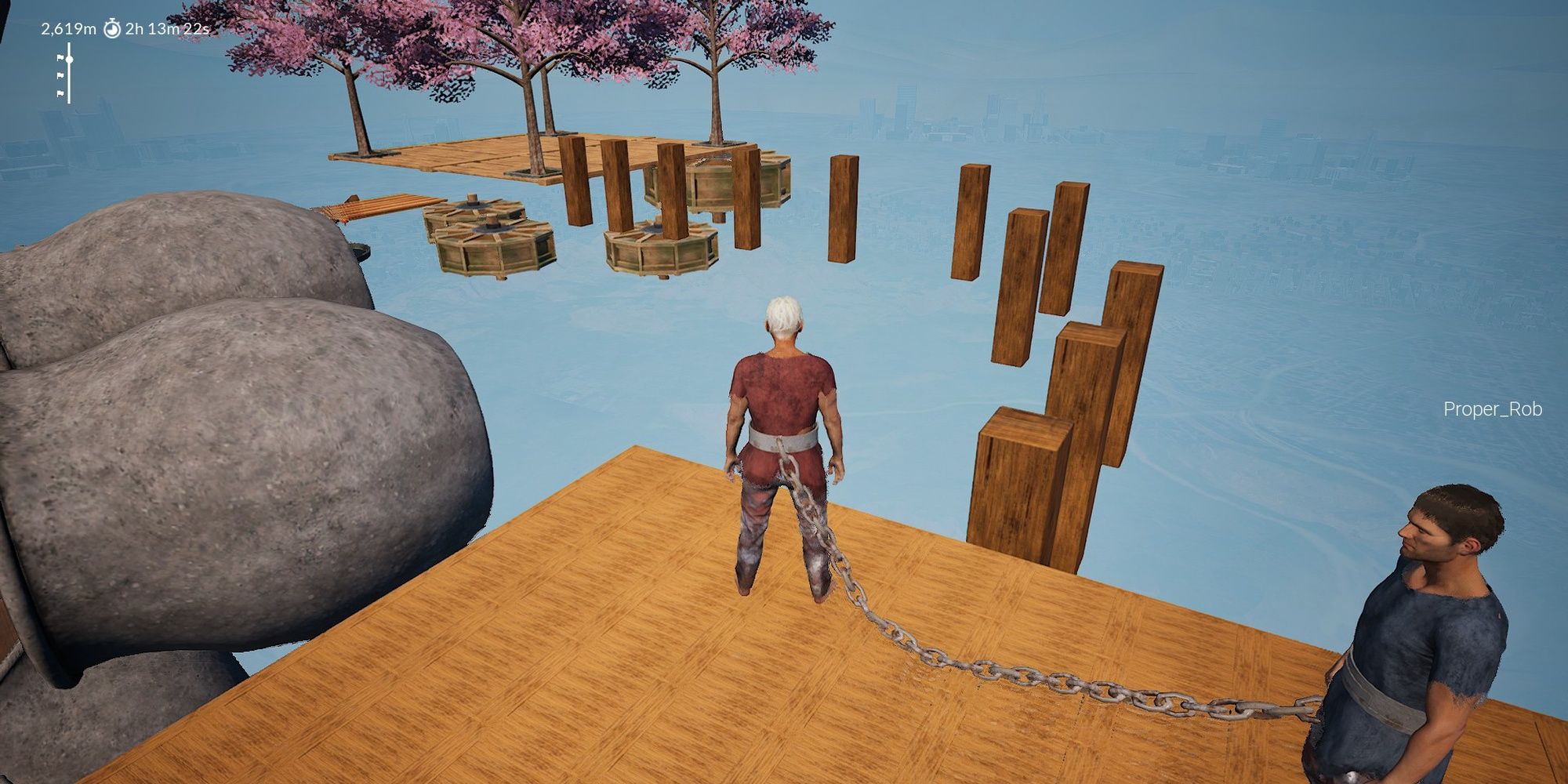 Chained Together: A Wooden Post Jumping Puzzle