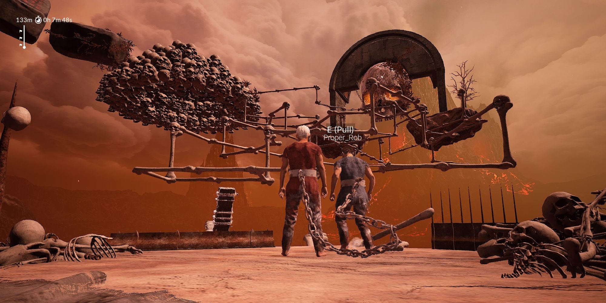 Chained Together: Two chained players in front of a bony platform in The Hell Cliffs.