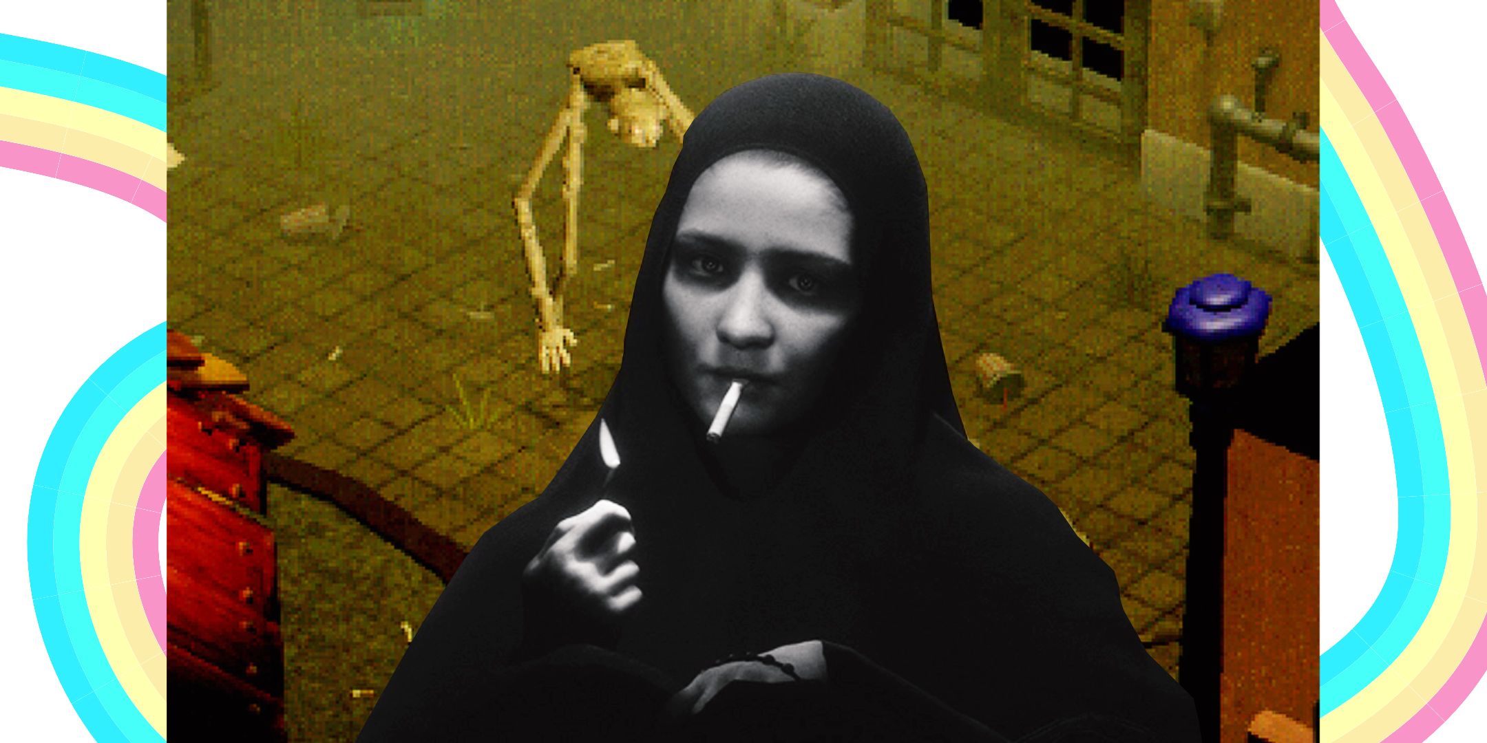 Indika lighting a cigaretter with a screenshot of a long-legged monster from Crow Country behind her