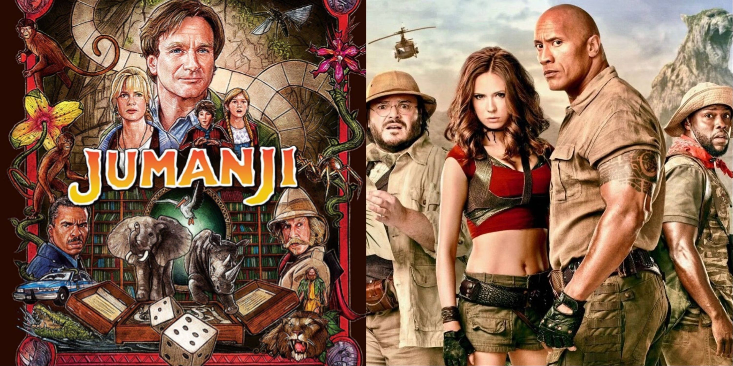 Jumanji Split-Image of the original 1995 film with Robin Williams on the cover and the 2017 film with Jack Black, Karen Gillan, The Rock, and Kevin Hart
