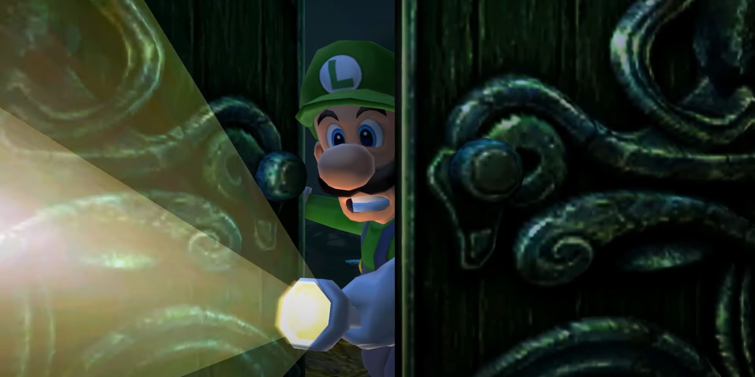 لوئیجی چراغ قوه ای را از Luigi's Mansion 3DS به داخل سالن می تابد