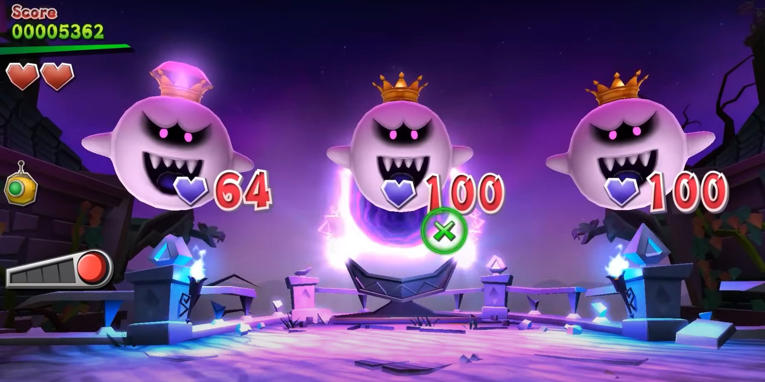 لوئیجی در حال نبرد با سه پادشاه بو در بازی Luigi's Mansion Arcade