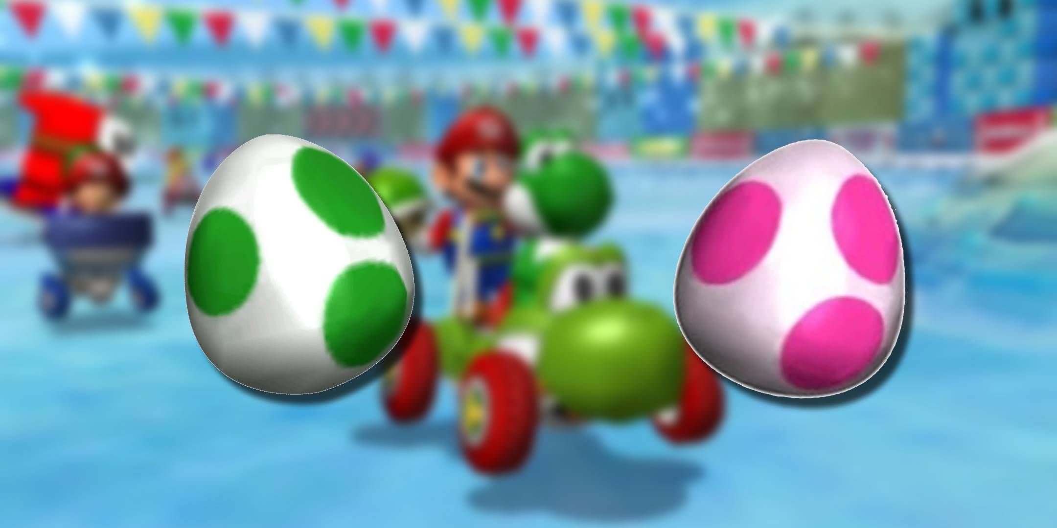 An image of a Yoshi Egg and Birdo Egg in front of Yoshi and Mario driving a kart in Mario Kart Double Dash