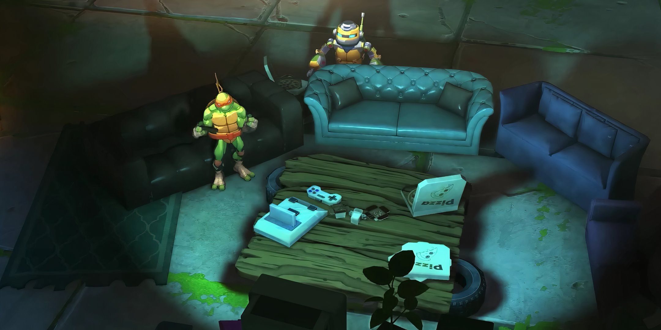 Mikey playing a game in TMNT: Splintered Fate.