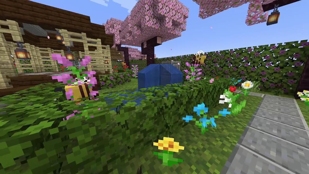 یک باغ در Minecraft با زنبورها که گلها را گرده افشانی می کنند.