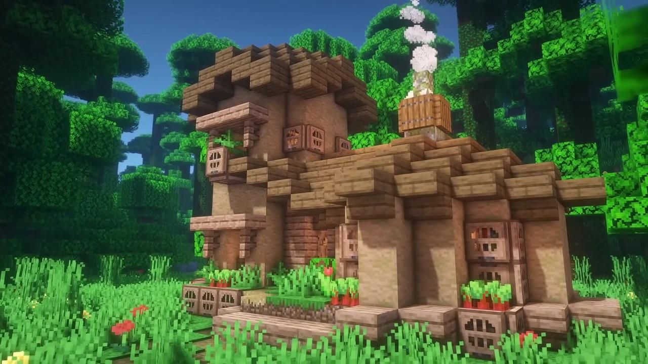 A Minecraft jungle house built from sanded logs and boards with small plants on the outside and a fire pit on top.