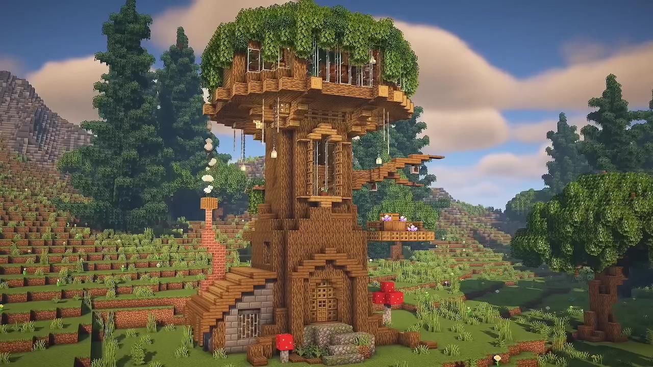 A treehouse in Minecraft that is wider at the top to make room for a room with large windows.