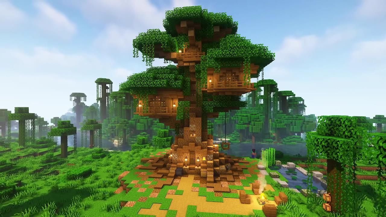 A treehouse built in Minecraft with various rooms built onto the sides and vines hanging from the ceiling.