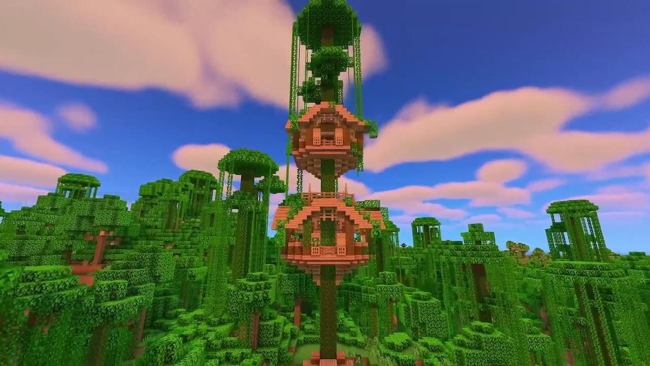 An extremely tall treehouse in a Minecraft jungle, with two buildings built around the base near the middle and the top.