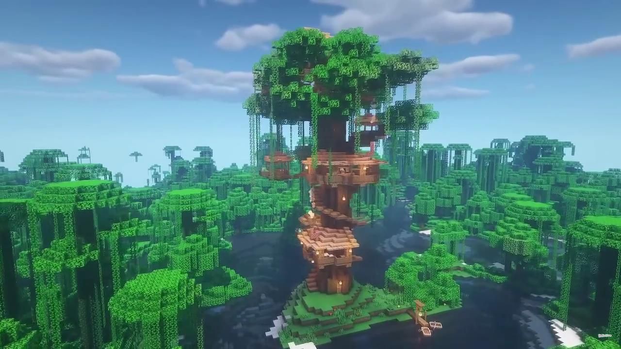 A Minecraft jungle treehouse built around a giant tree with multiple rooms laid out around the whole thing.