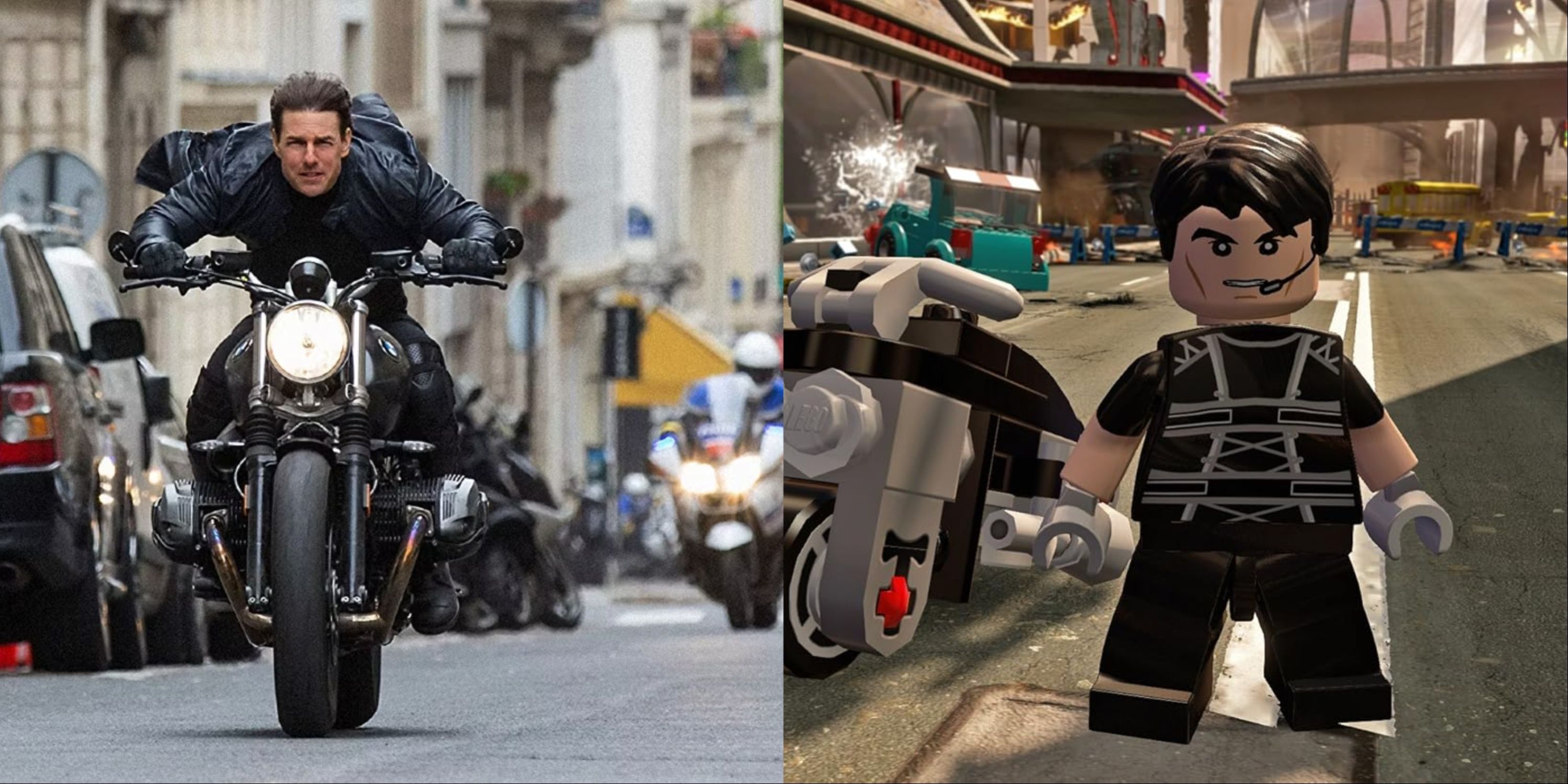 Mission Impossible Split-Image of Tom Cruise در نقش اتان هانت روی موتور سیکلت در فیلم و نسخه لگو ابعاد اتان هانت با موتور سیکلت خود-1