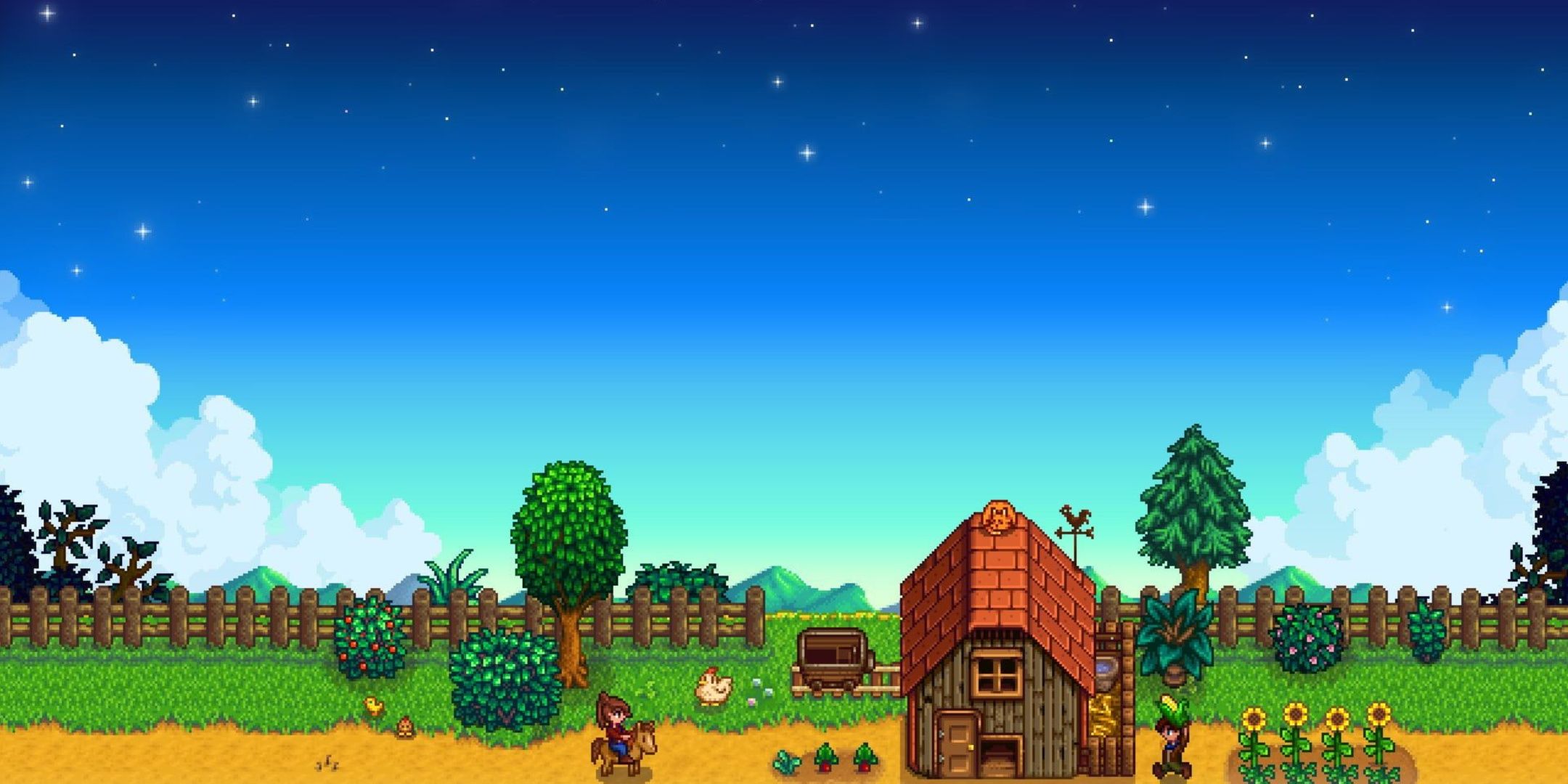 Stardew Valley barn and sunflowers by a fenced in field.