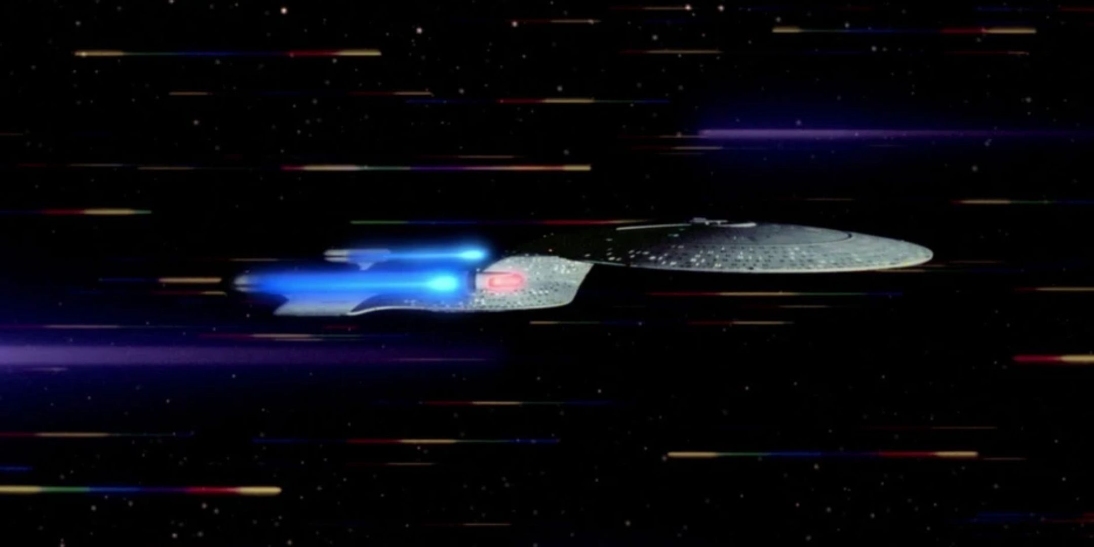 The USS Enterprise travelling at Warp speed in Star Trek.