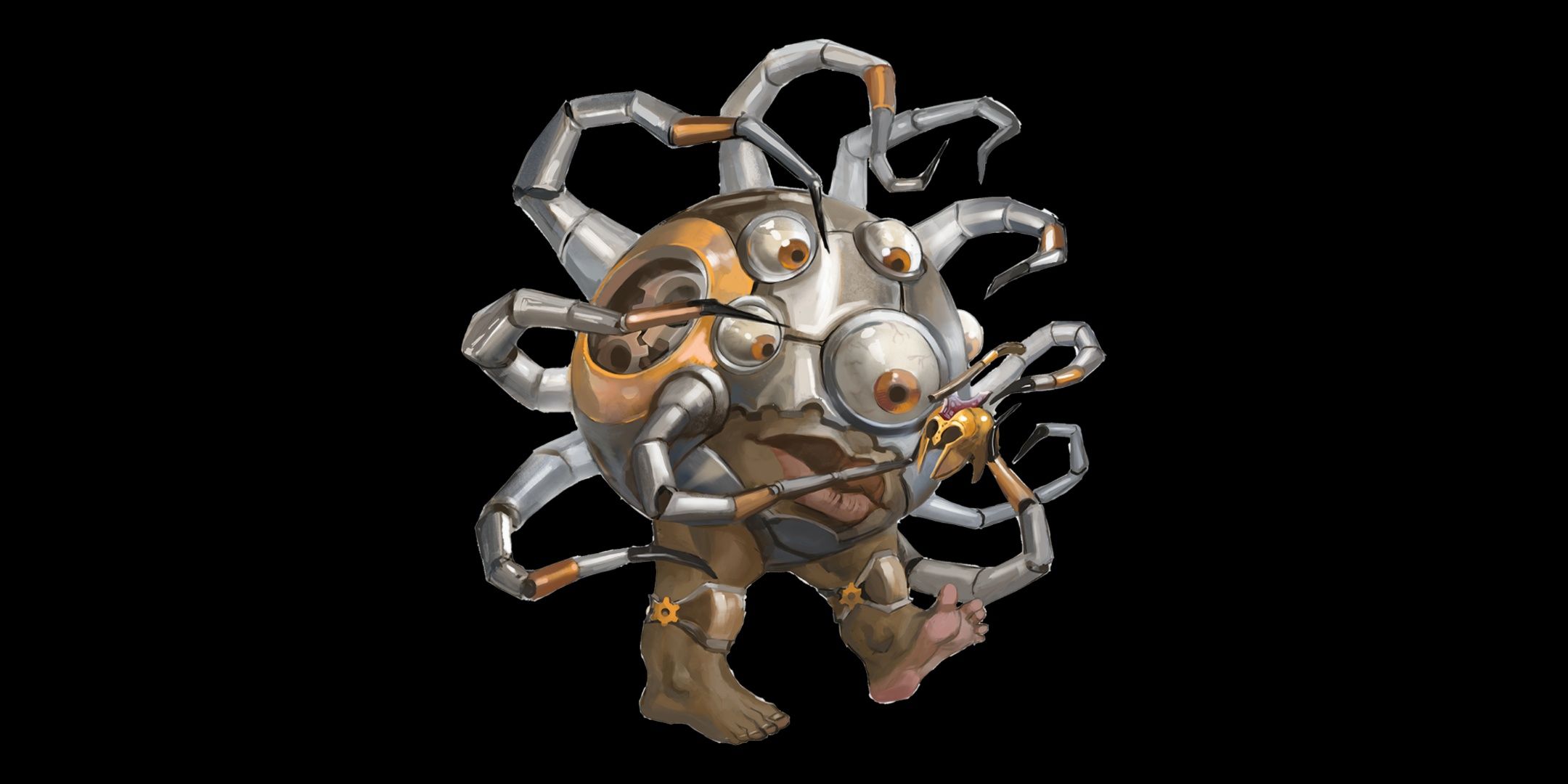 A Decaton Modron from D&D, a sphere shaped construct with multiple eyes and short tentacle-like appendages.