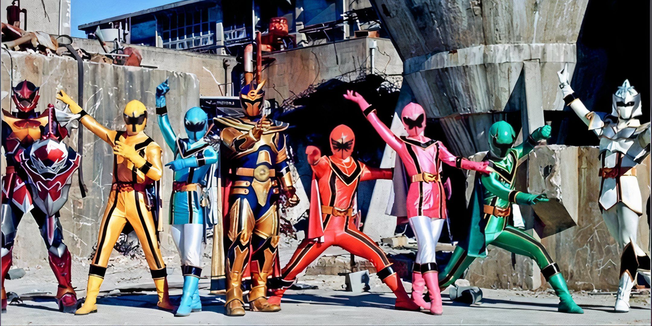 Magic based rangers pose in front of ruins