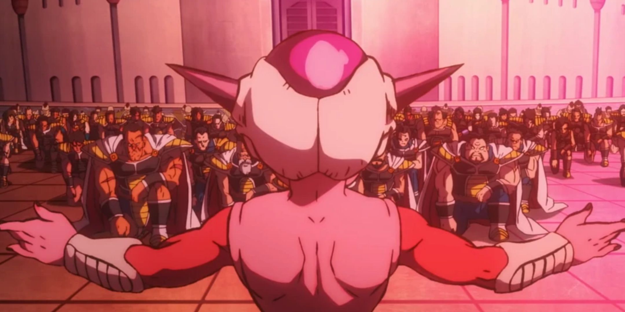 Frieza in his first form lording over Saiyan warriors, who are kneeling in subservience.