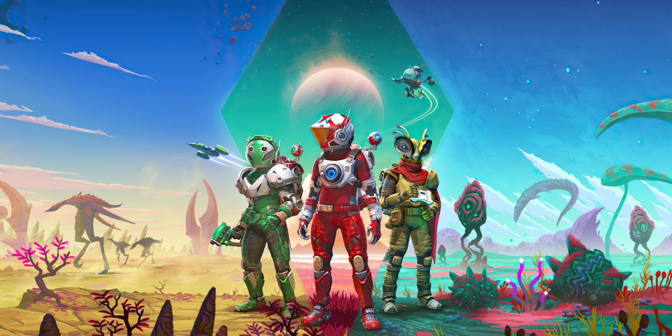 No Man's Sky Key Art, showing three players in a busy environment. 