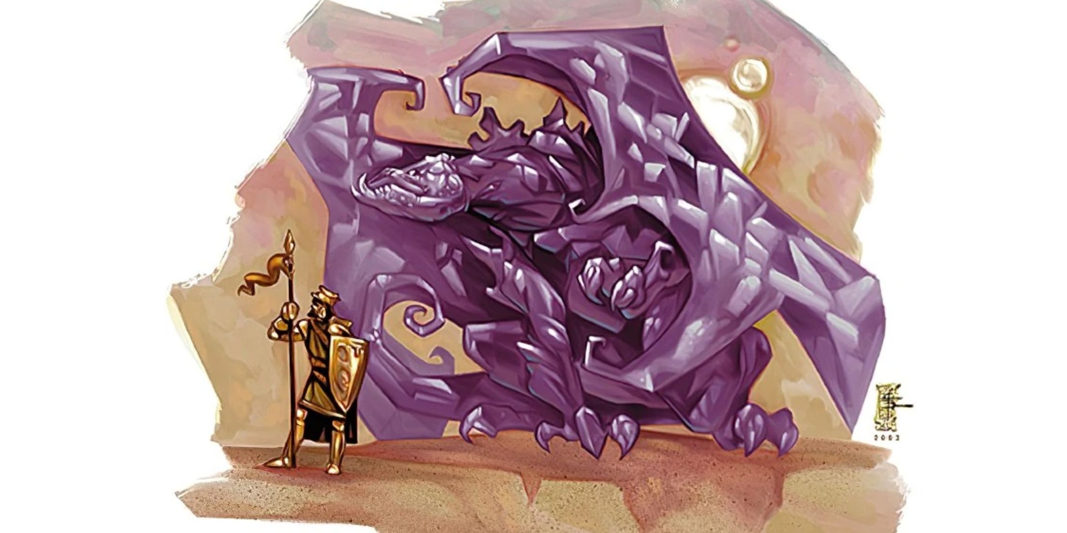 An Amethyst Dragon crouched behind a knight dressed in gold.