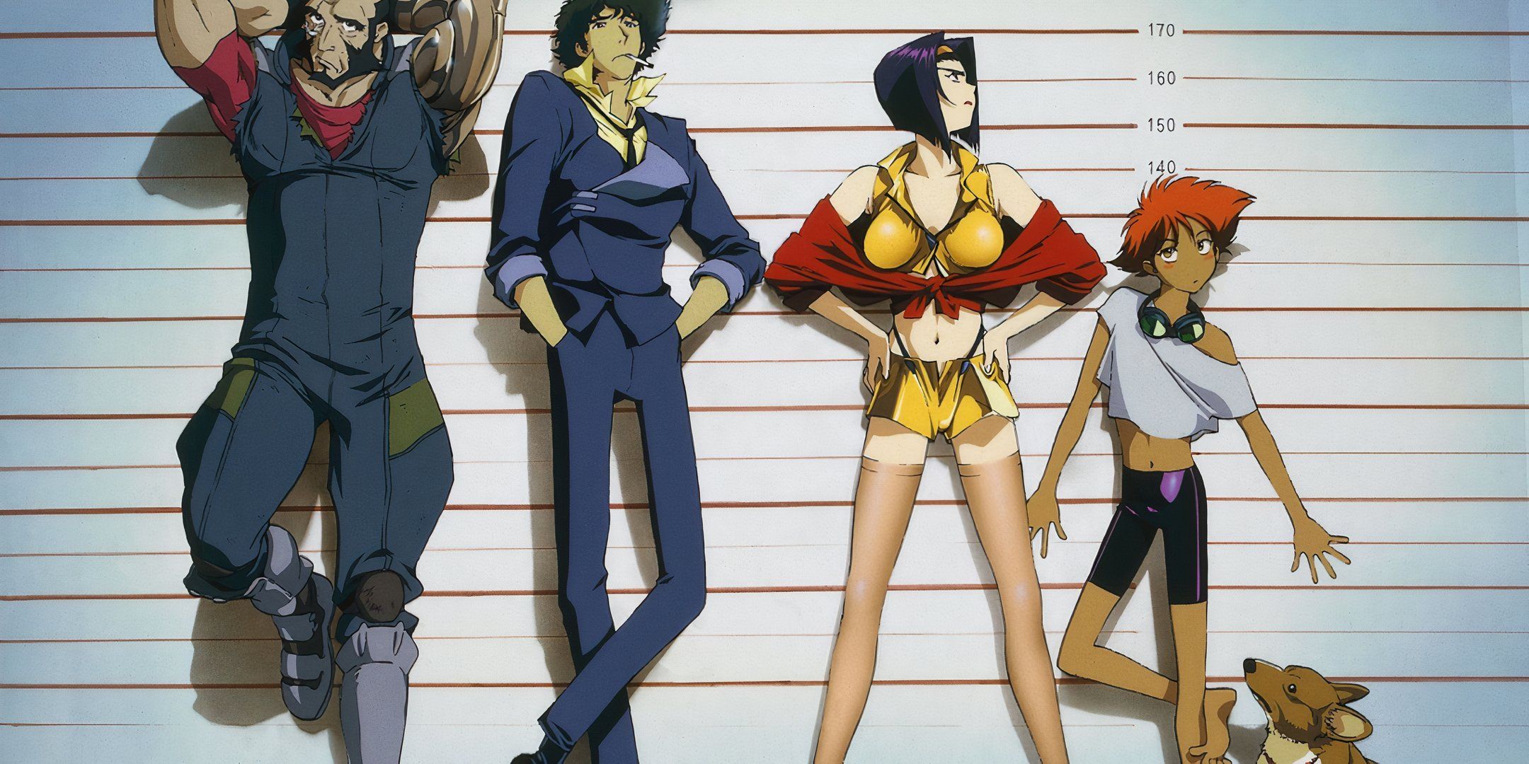 The crew of the Bebop stand against a mugshot wall from Cowboy Bebop.