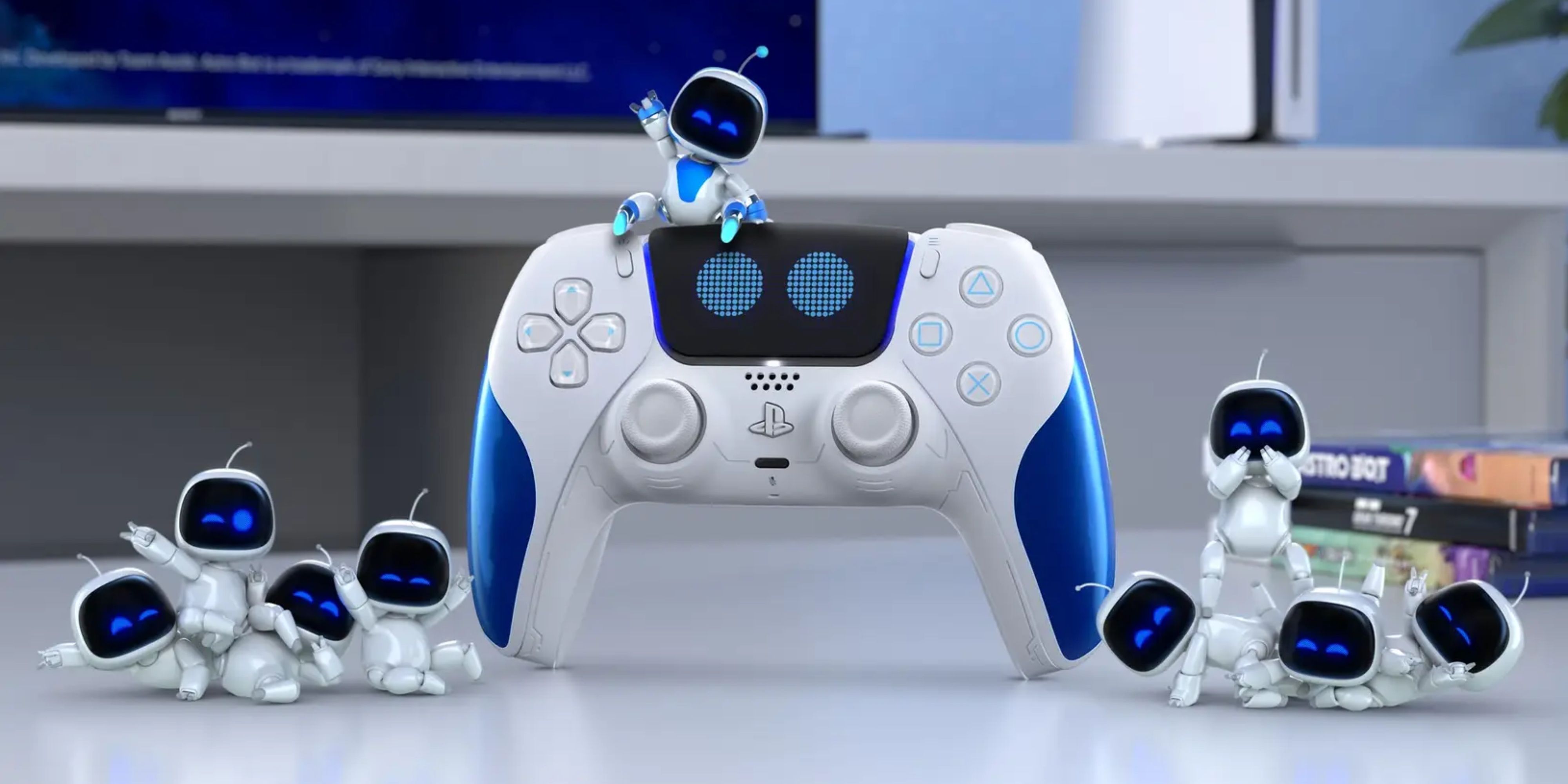 astro and other bots sitting on and around an astro bot dualsense controller