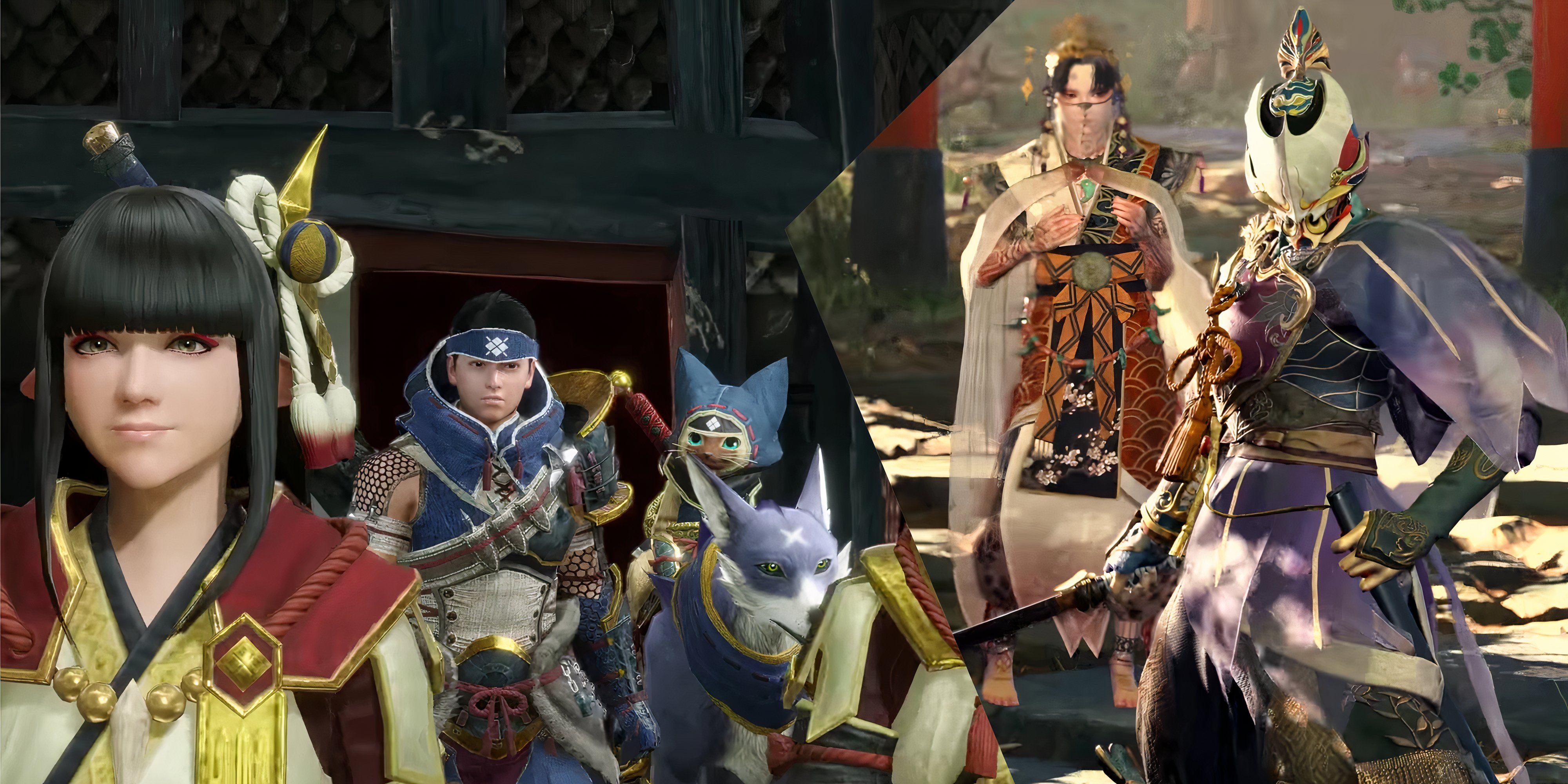 Kamura's Hunter with the Quest Maidens in Monster Hunter: Rise and Soh and Yoshiro from Kunitsu-Gami: Path of the Goddess.