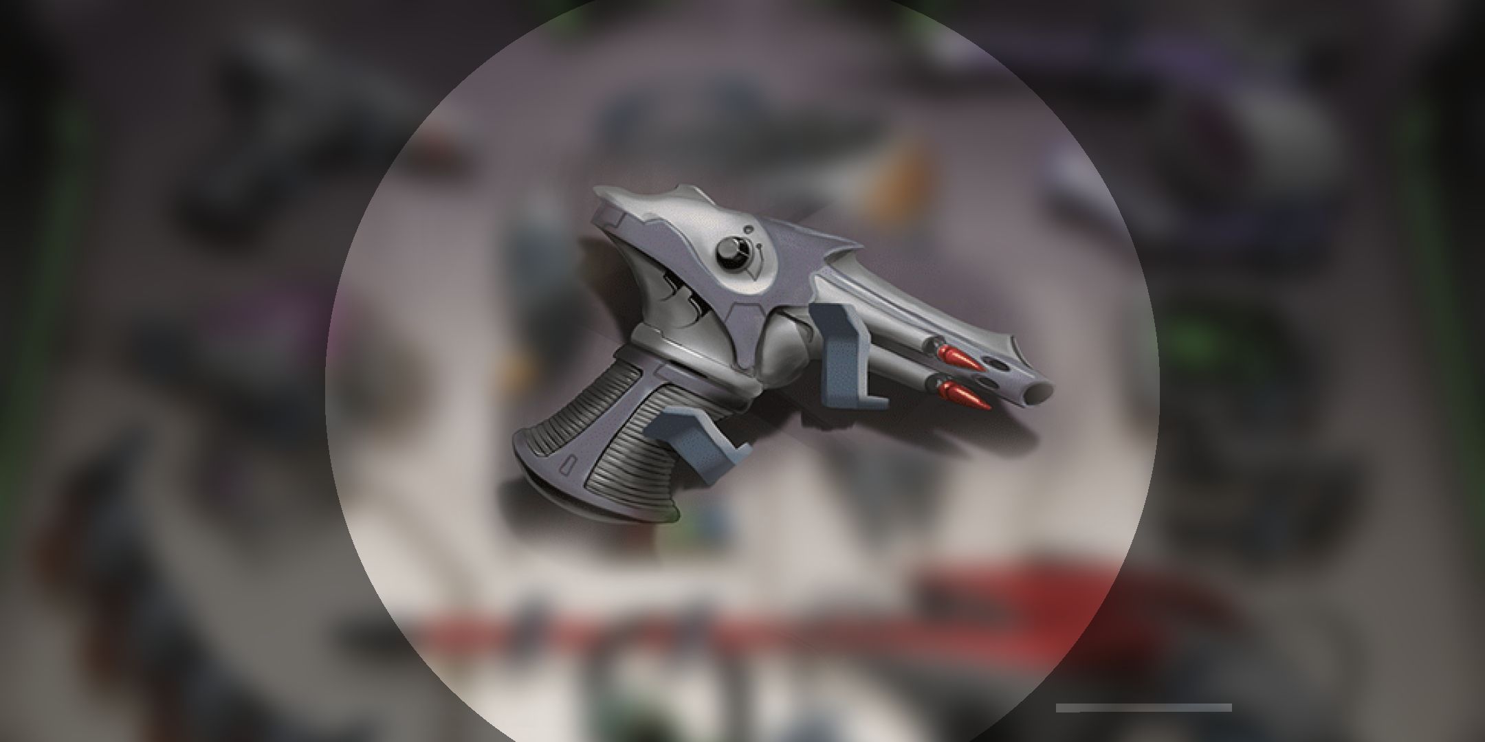 A close-up image of a futuristic looking pistol with a blurred background.