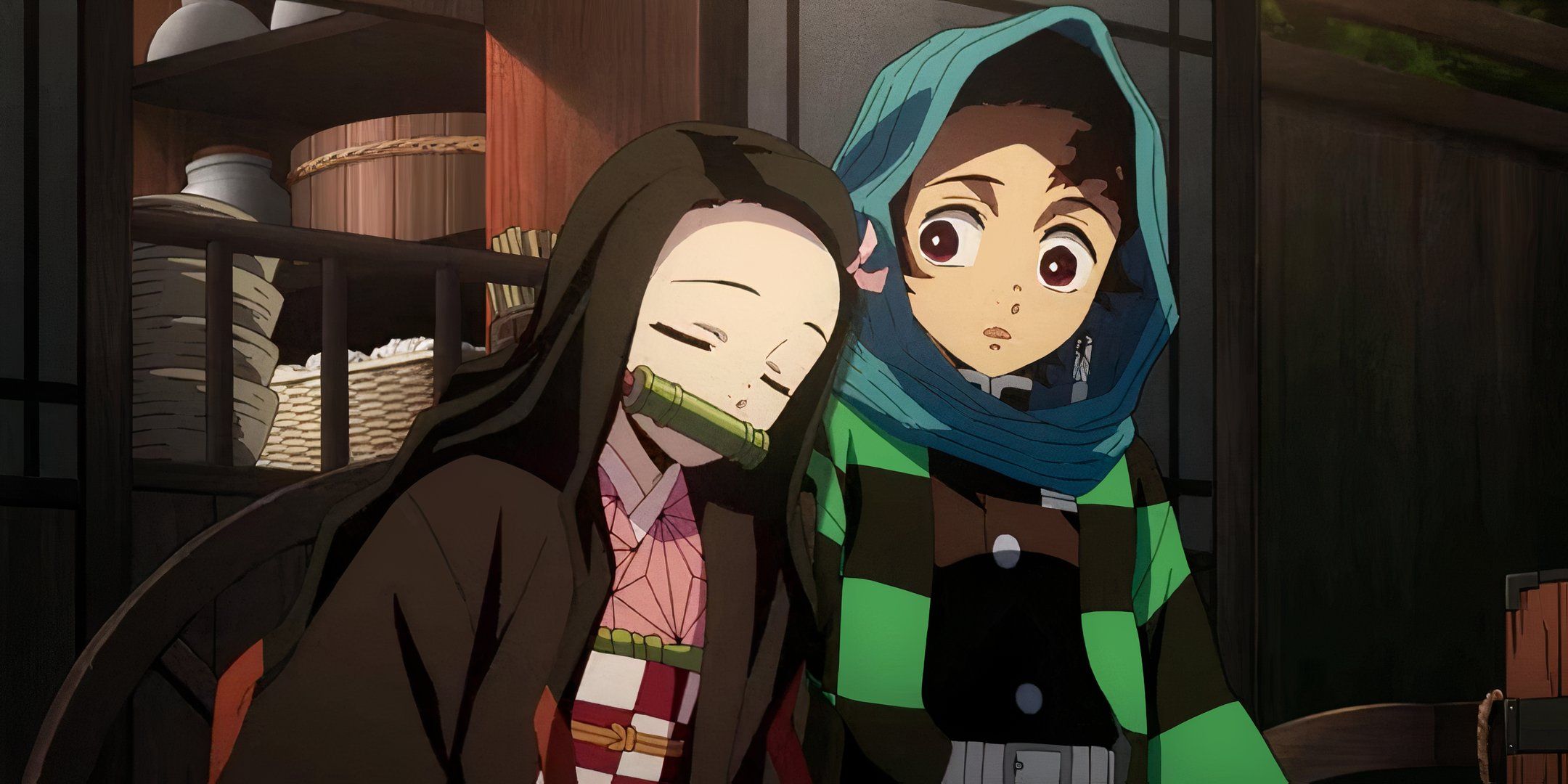 Nezuko sleeps on Tanjiro's shoulder in Demon Slayer.