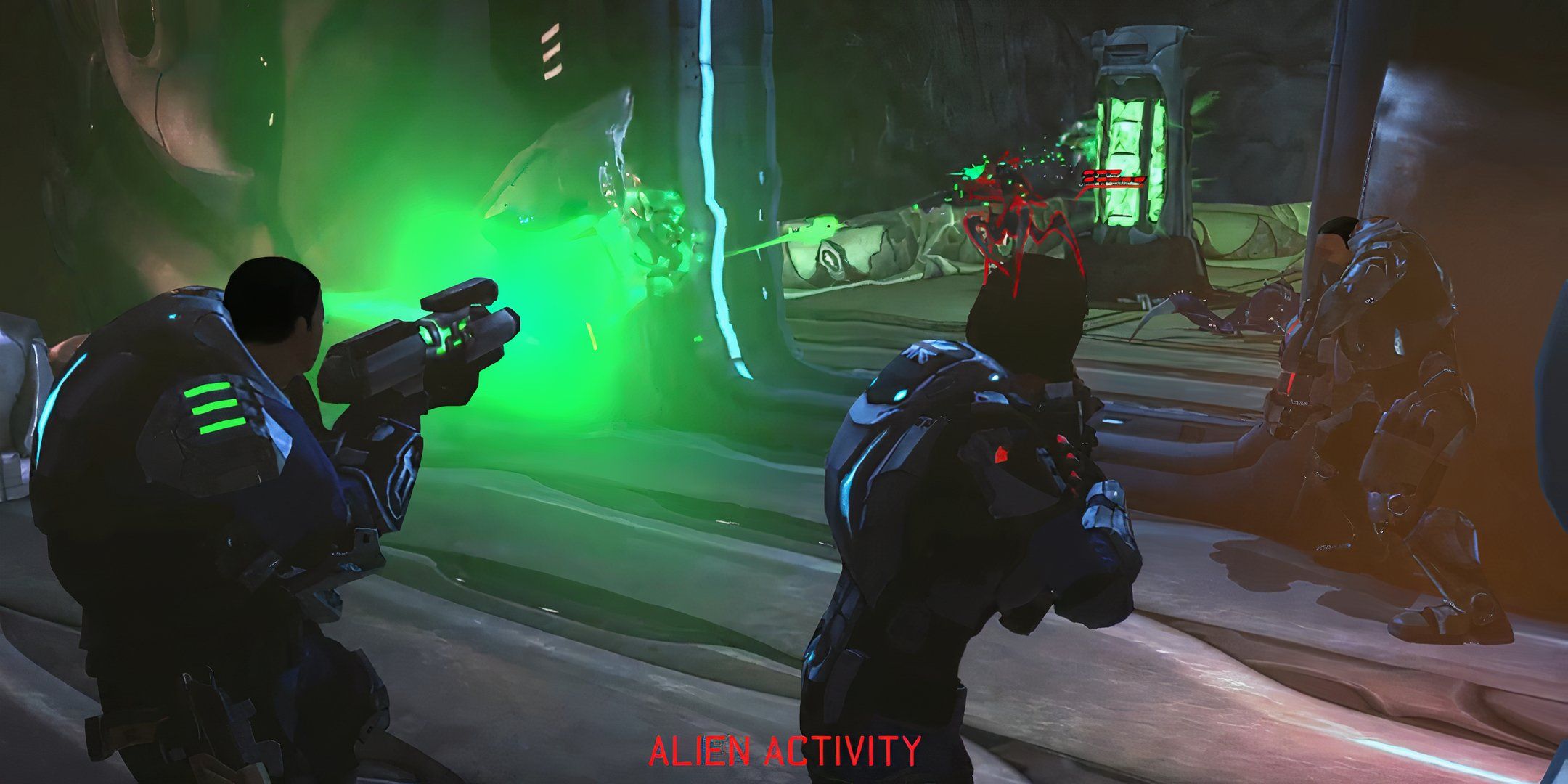 Over the shoulder view of soldiers shooting plasma in XCom Enemy Unknown