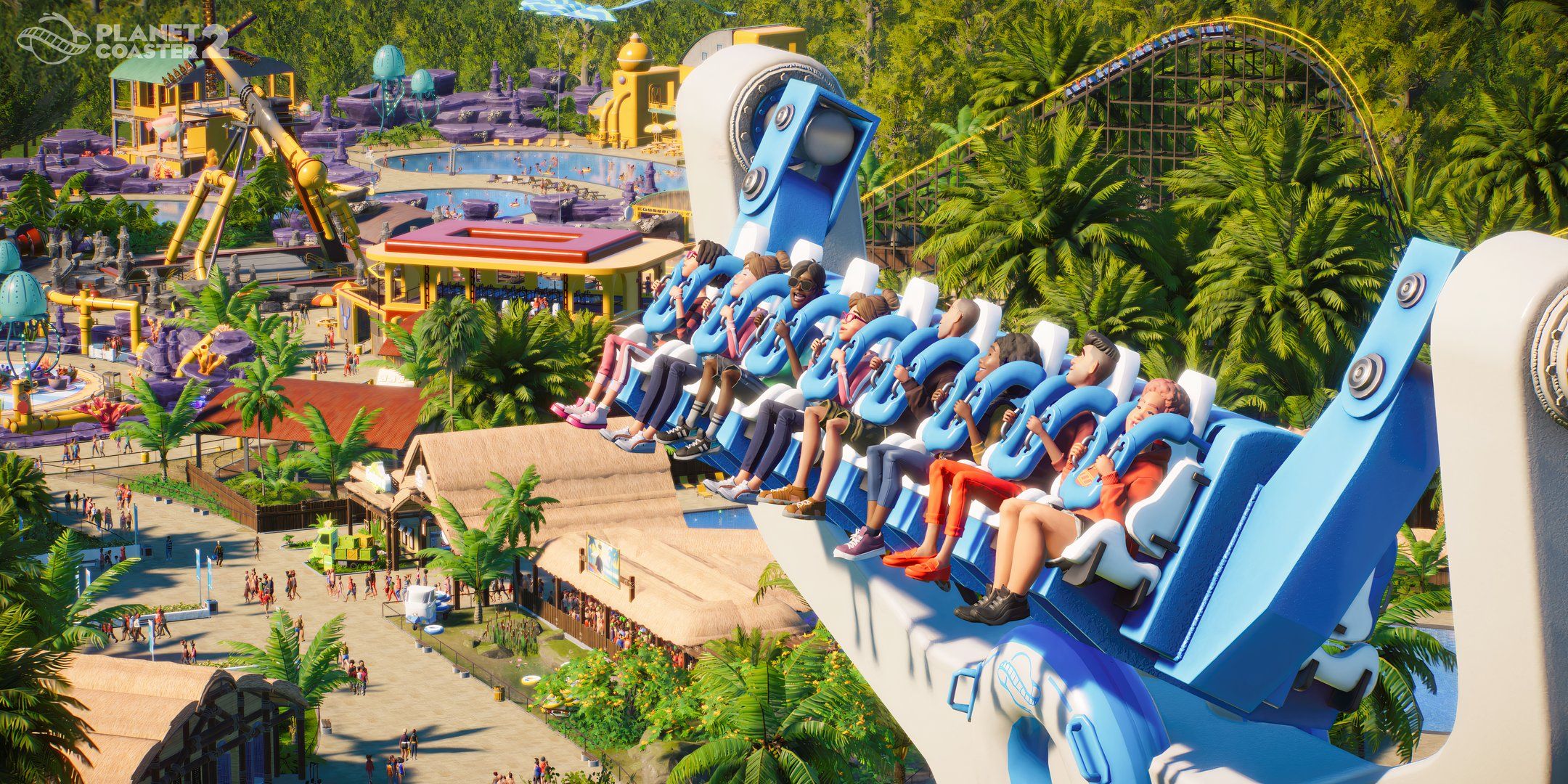 A pool in background with slides while camera focuses on people in a ride looking over a plaza