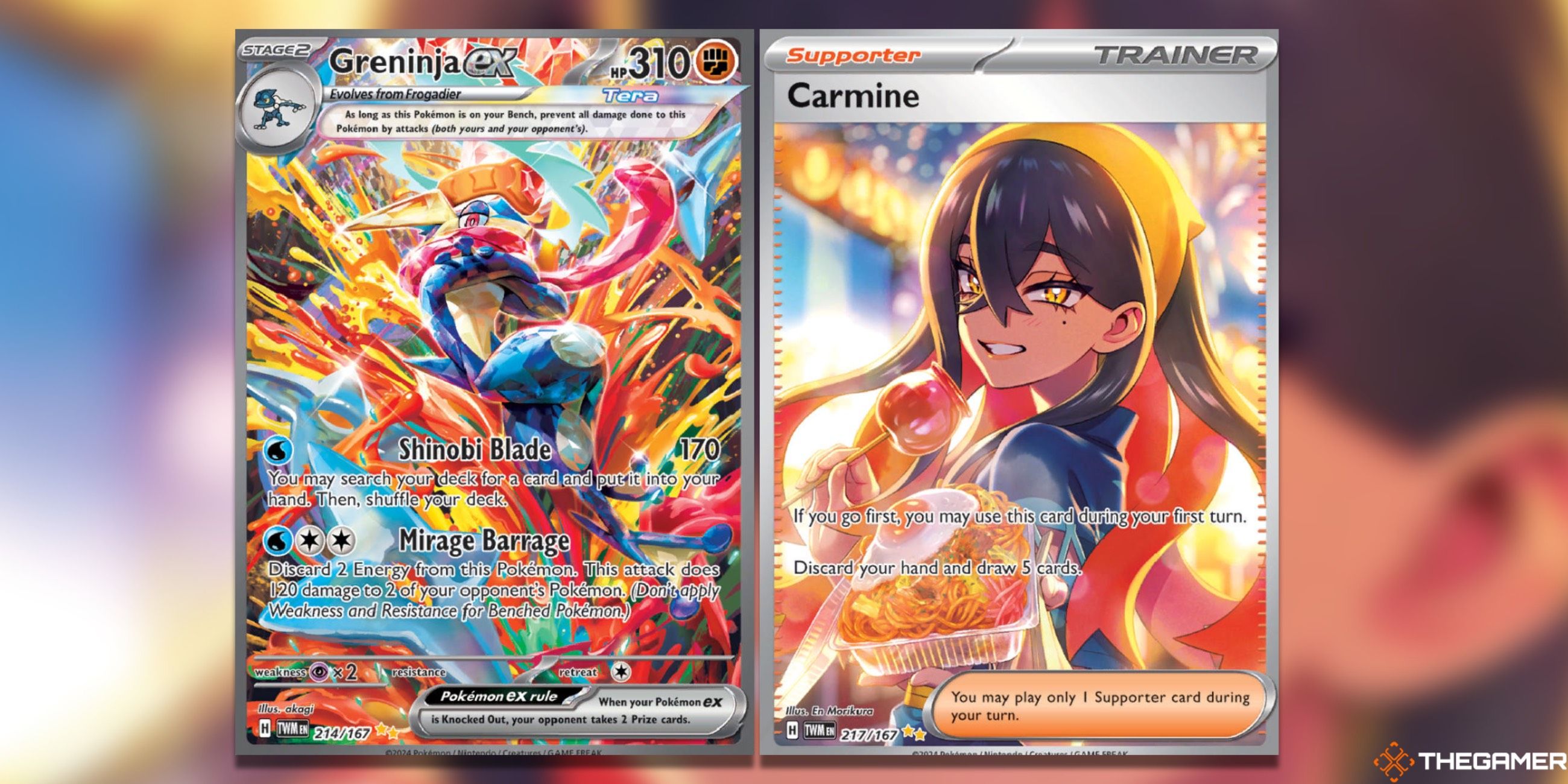 The Greninja EX and Carmine Special Illustration Rare from Twilight Masquerade in the Pokemon TCG.