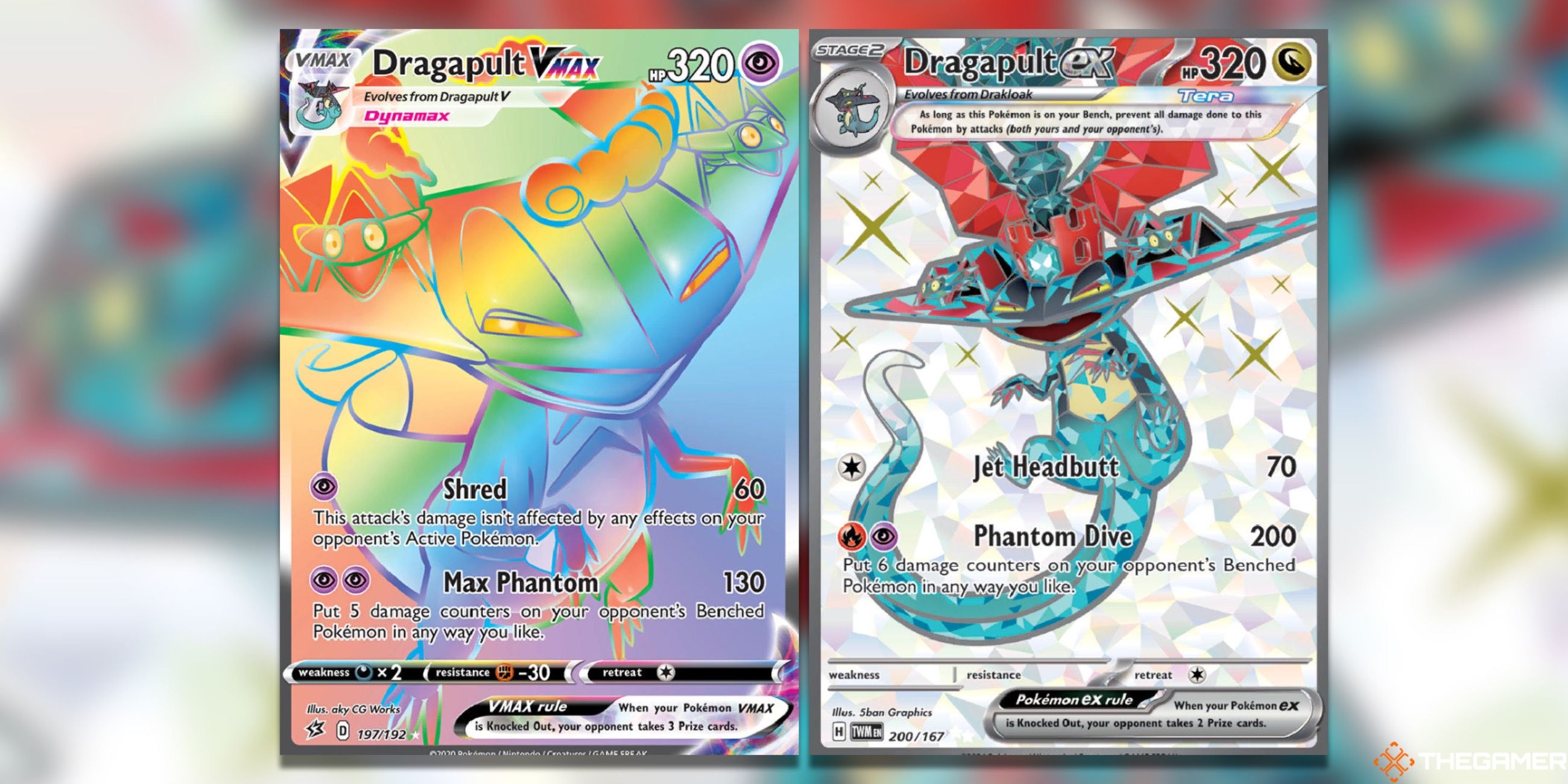 A Dragapult VMAX Secret Rare from Rebel Clash and a Dragapult EX UR from Twilight Masquerade in the Pokemon TCG.