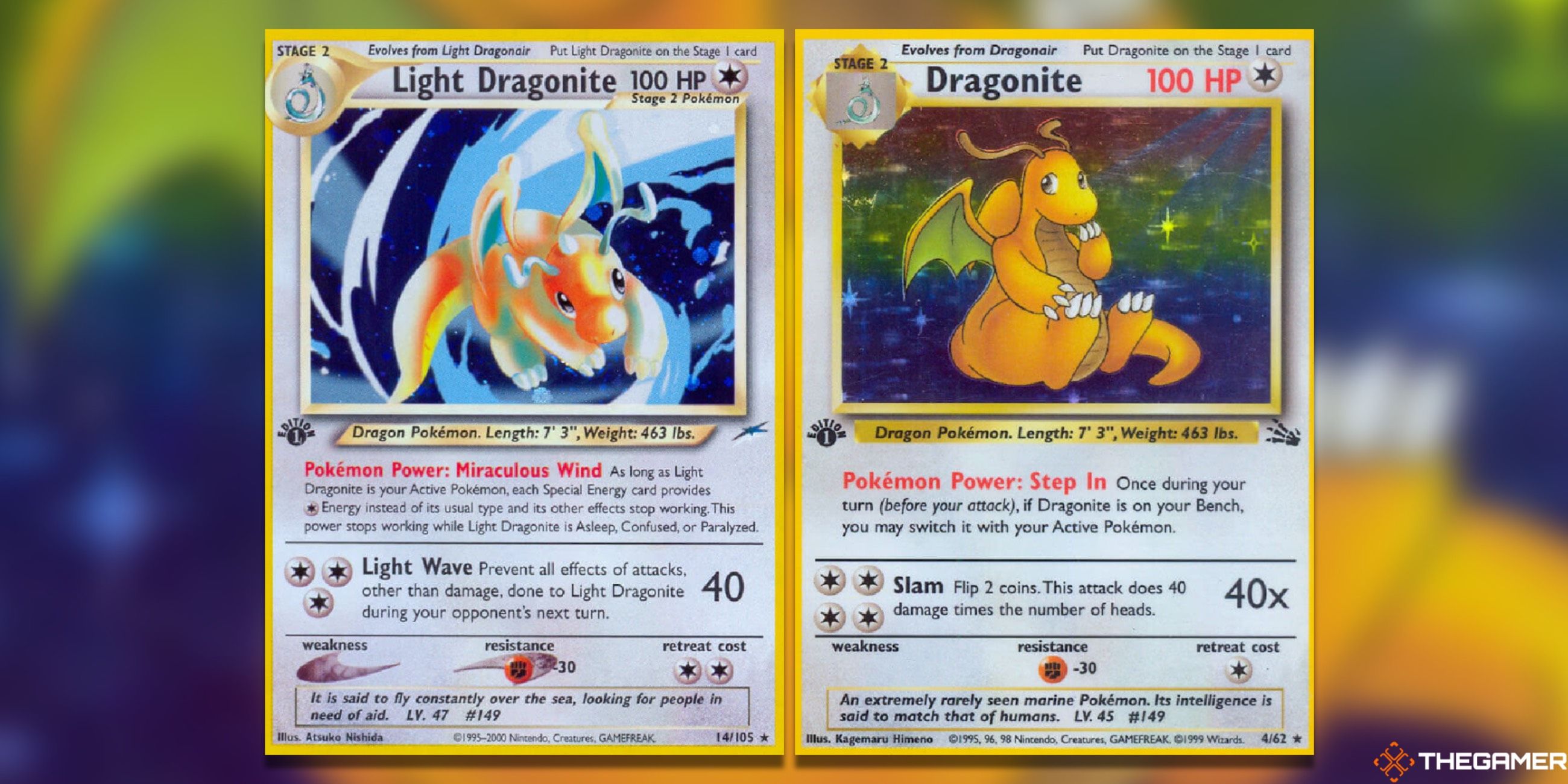 The Light Dragonite from Neo Destiny and Dragonite from Fossil in the Pokemon TCG.