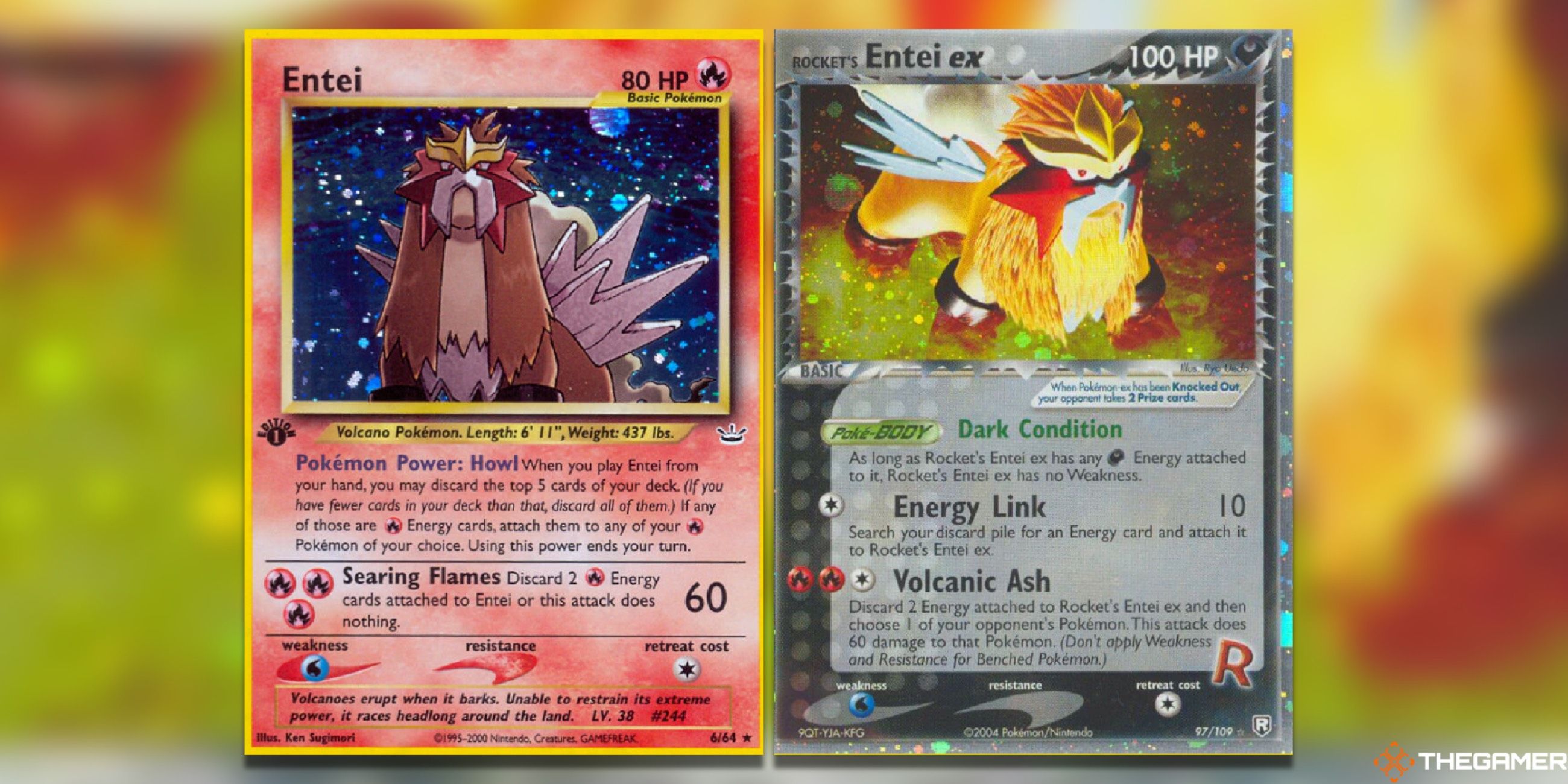 The Neo Revelation Entei and Team Rocket's Entei Ex from the Pokémon Trading Card Game.