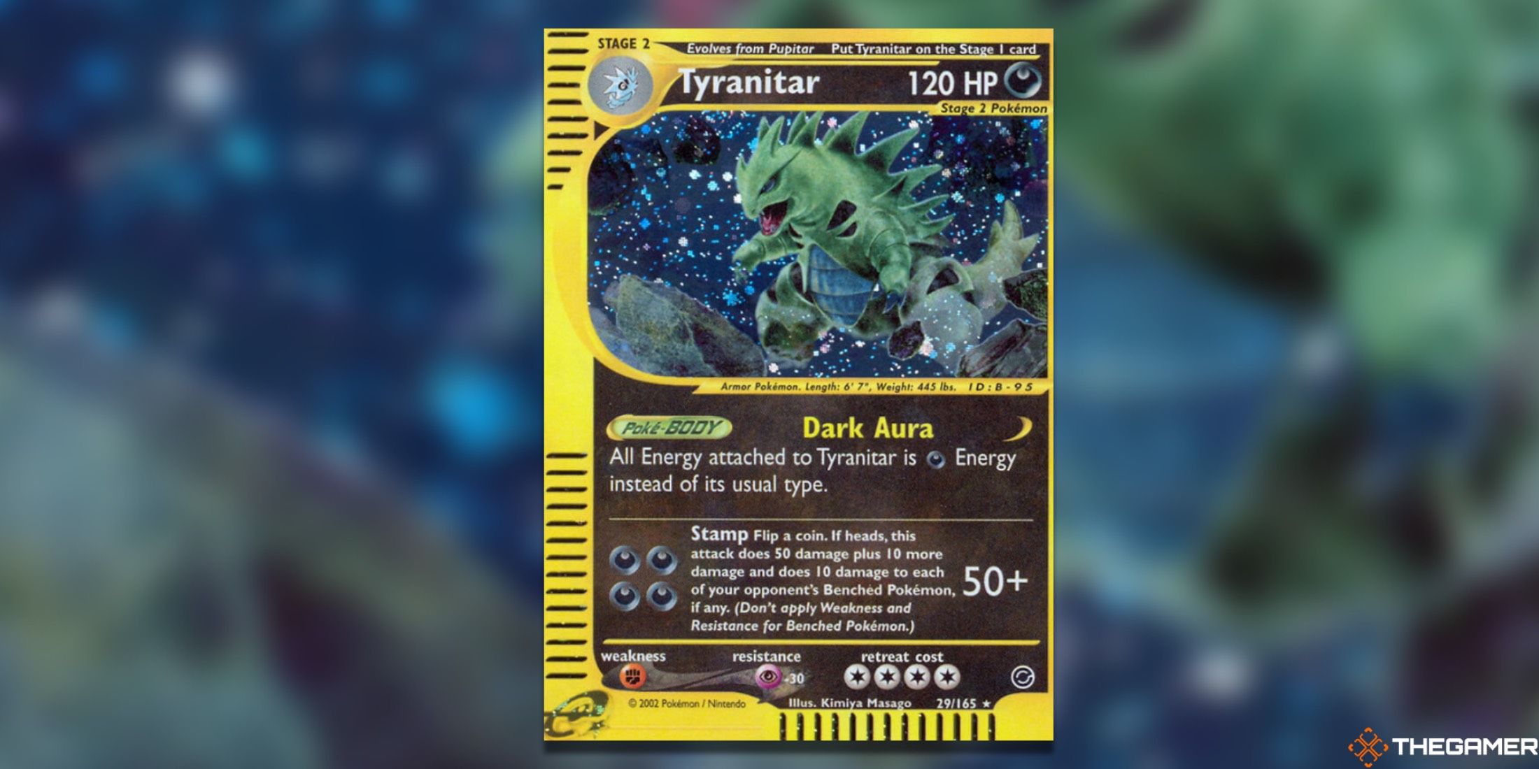 The Holo Rare Expedition Tyranitar from the Pokemon trading card game.