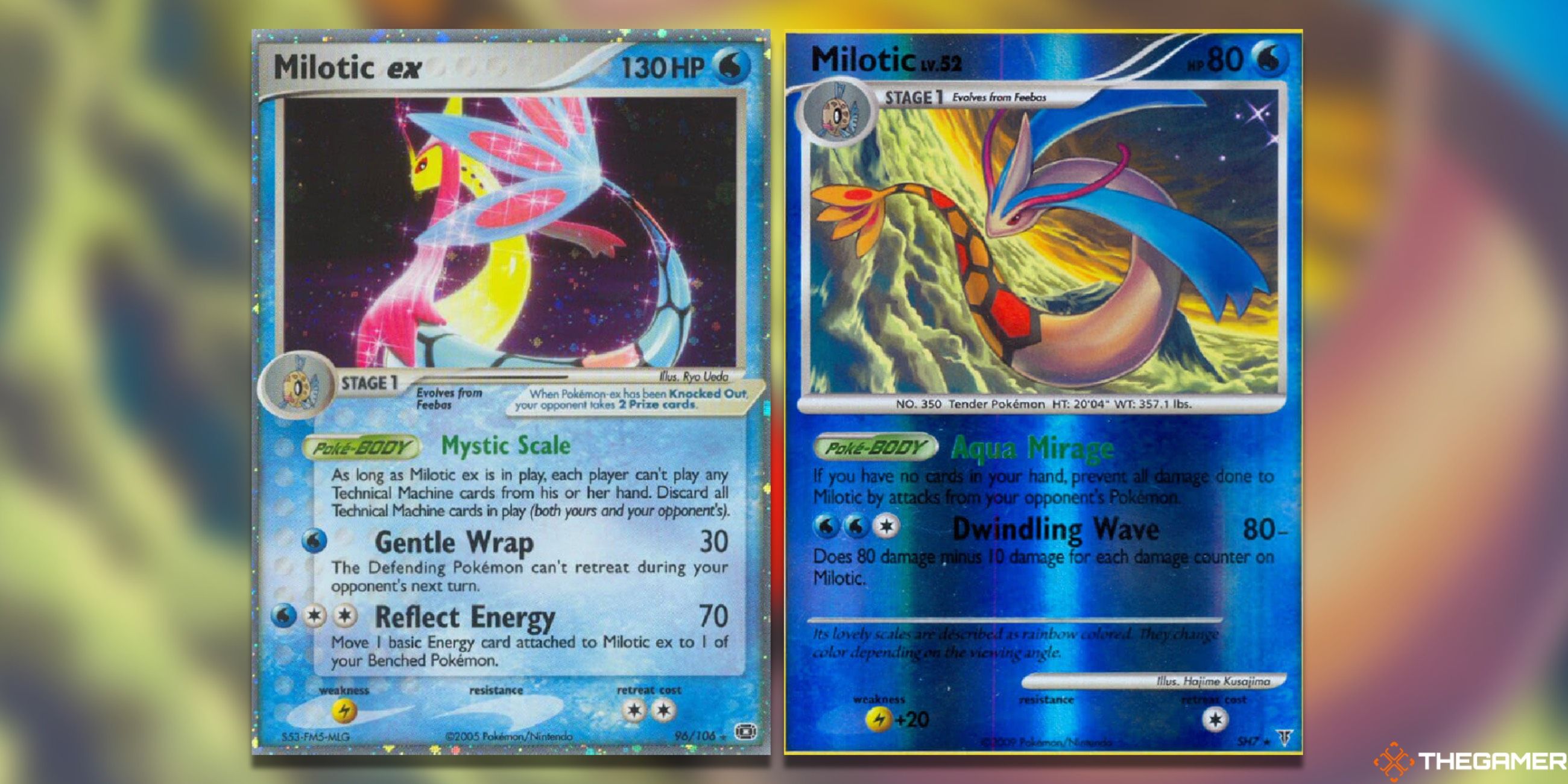 The Milotic Ex from Emerald and Milotic Holo Rare from Supreme Victors in the Pokemon TCG.