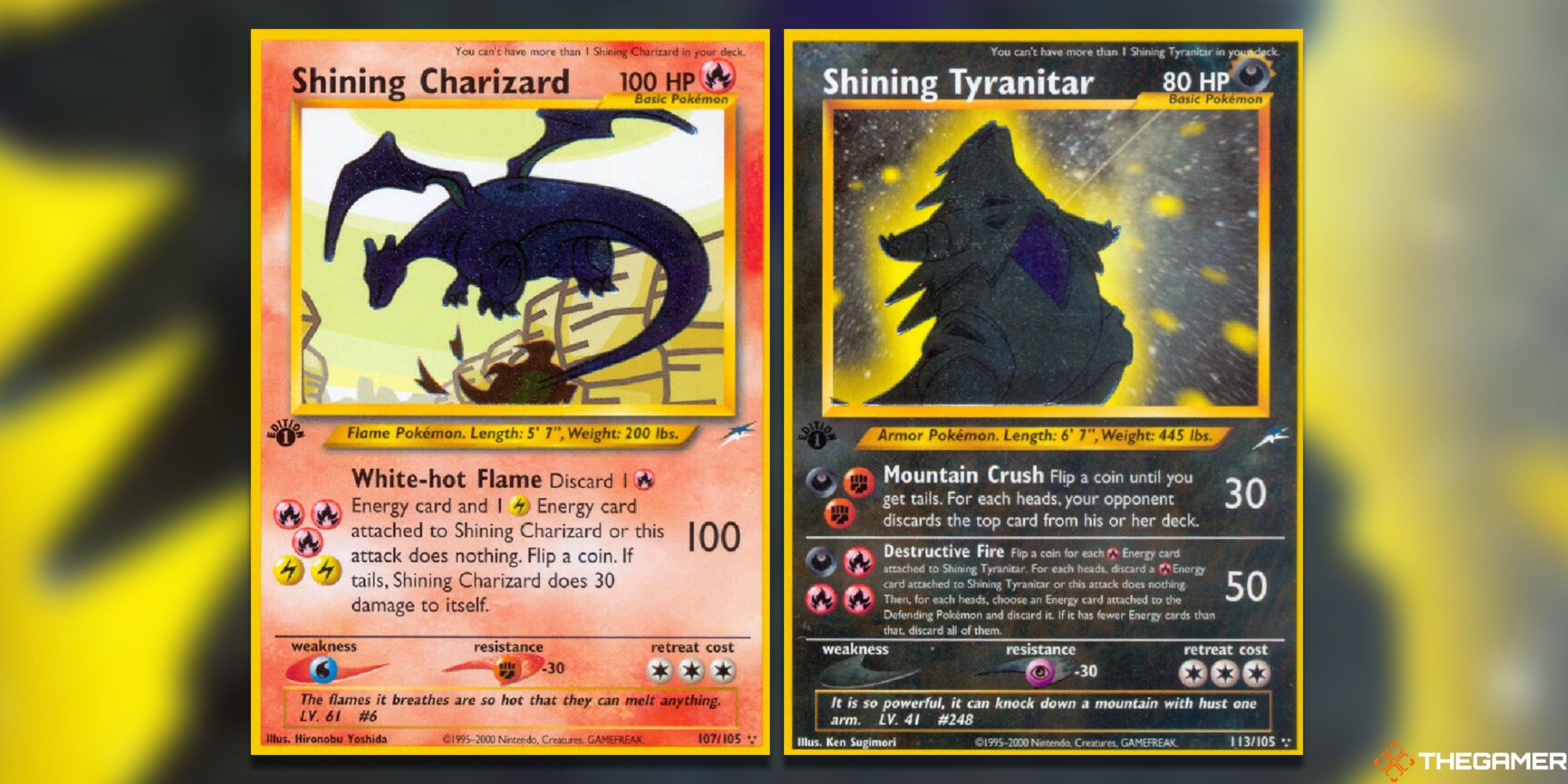 The Shining Charizard and Tyranitar Secret Rares from Neo Destiny in the Pokemon Trading Card Game.