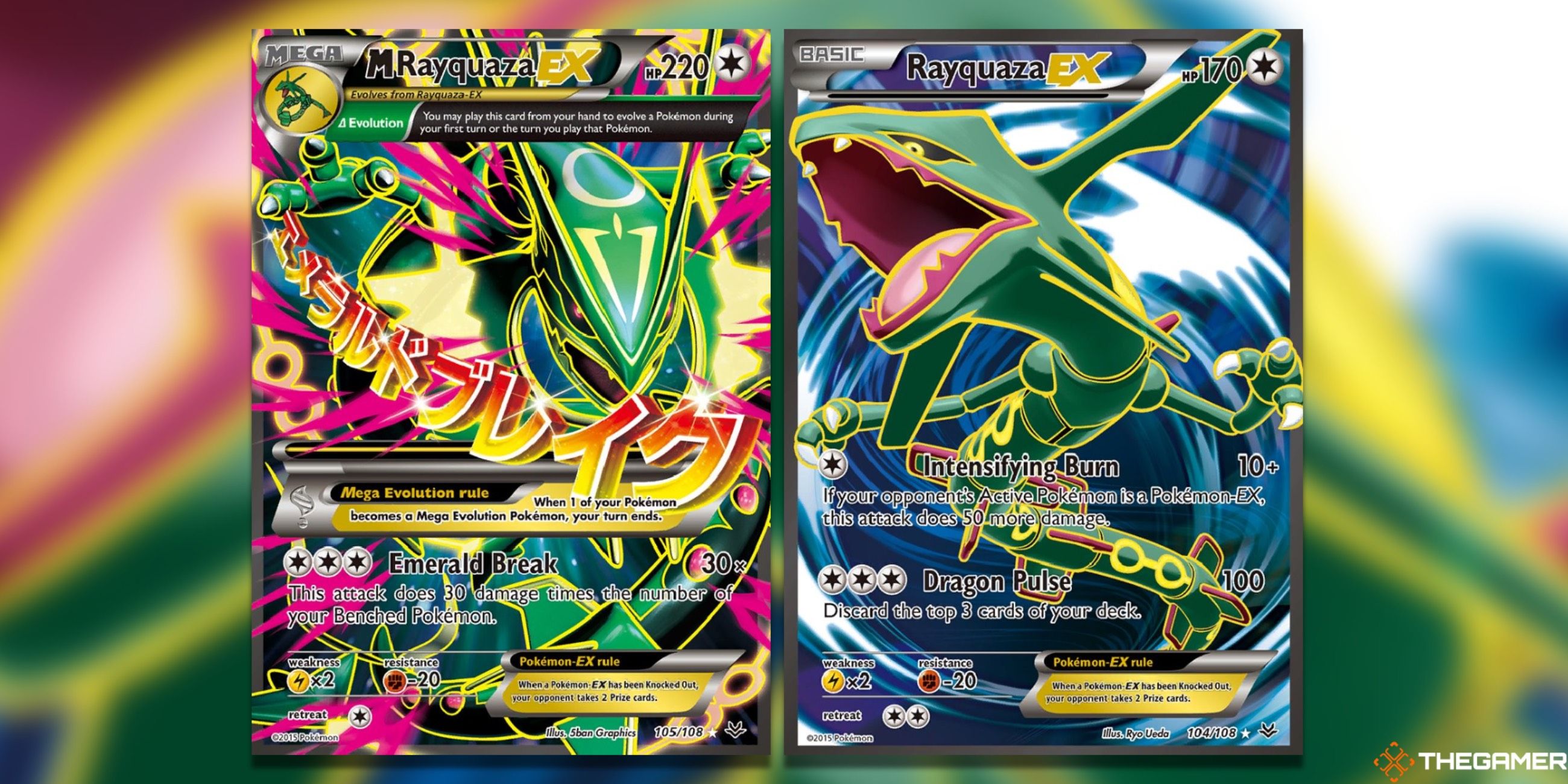 The Mega Rayquaza EX Full Art and Rayquaza EX from Roaring Skies in the Pokemon TCG.