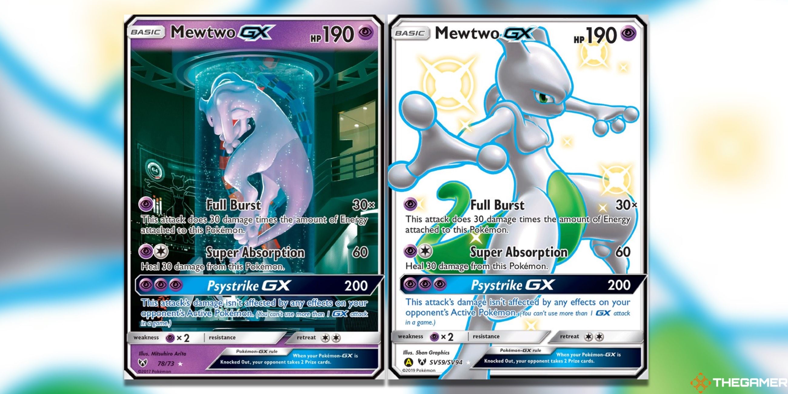 The Mewtwo Secret Shiny from Shining Legends and the Mewtwo GX Shiny Holo Rare from the Hidden Fates Shiny Vault in the Pokemon TCG.