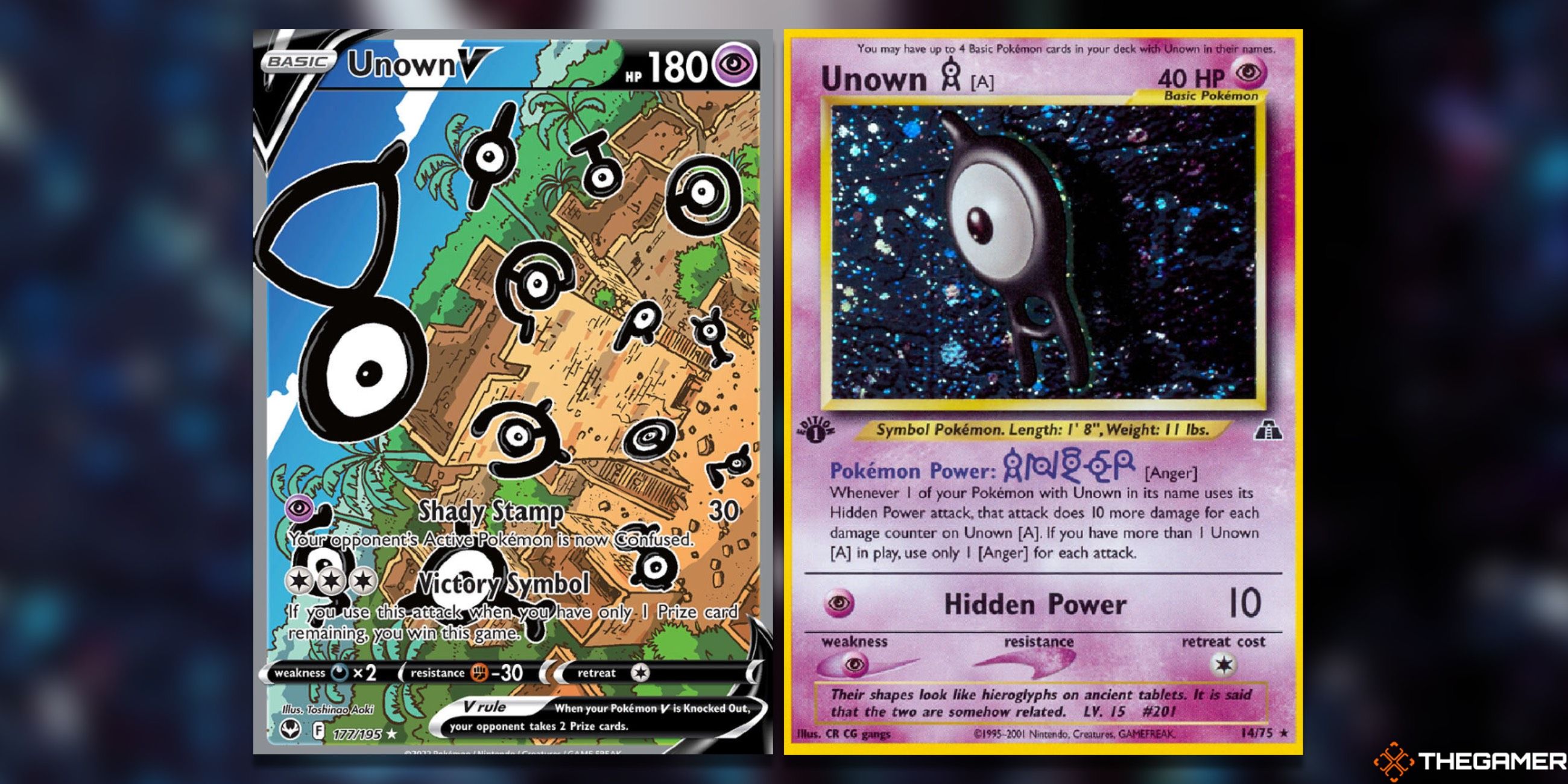 A shared image of Most Valuable Unown – Unown V Alt Art from Silver Tempest and Unown A from Neo Discovery in the Pokemon TCG.