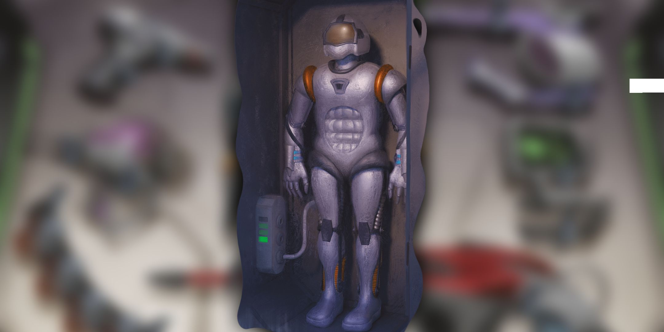 A sci-fi style suit of armor stands on a charging dock, the image superimposed on a blurred background.