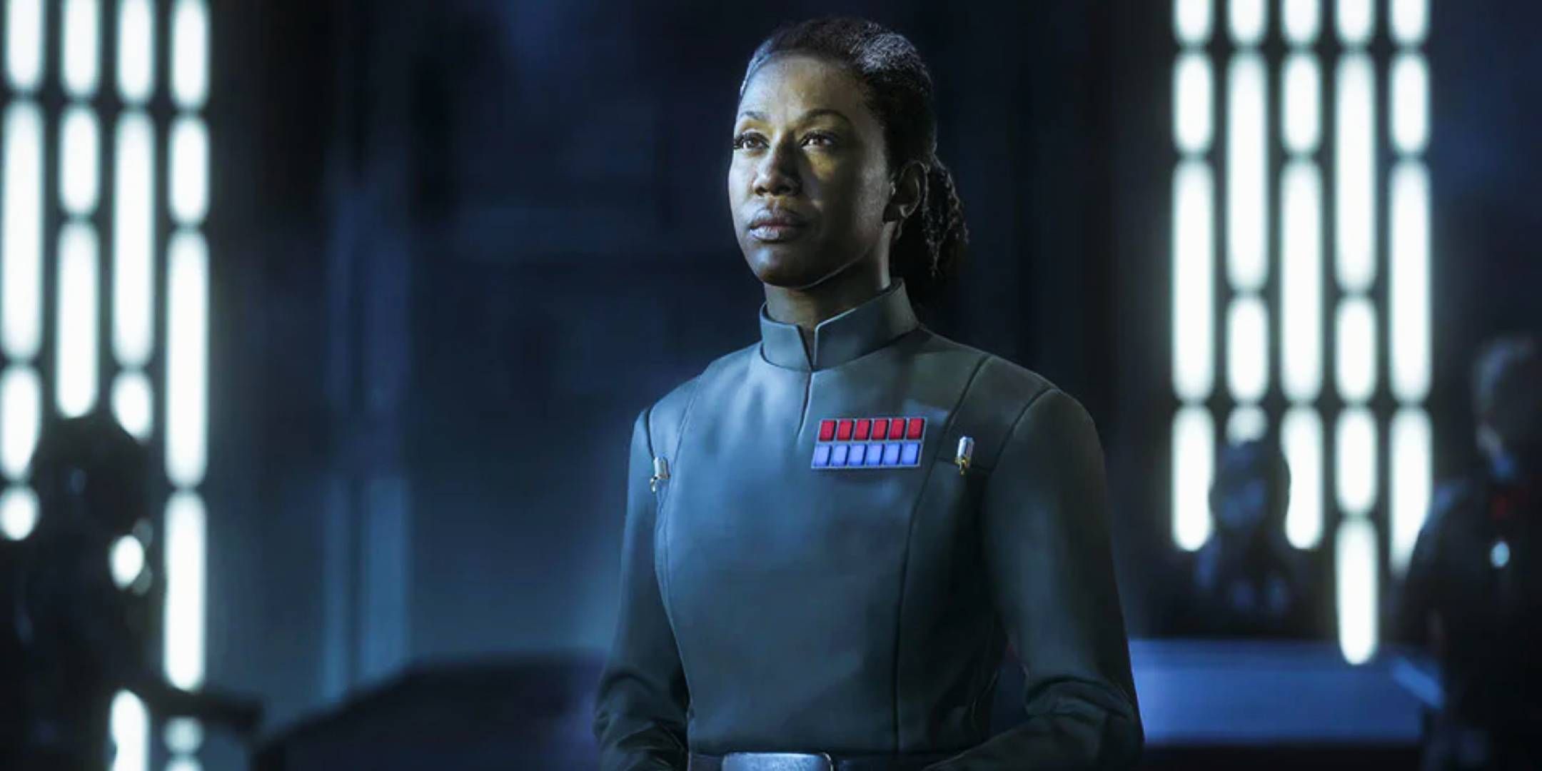 Rae Sloane of the Galactic Empire looking on in an Imperial ship