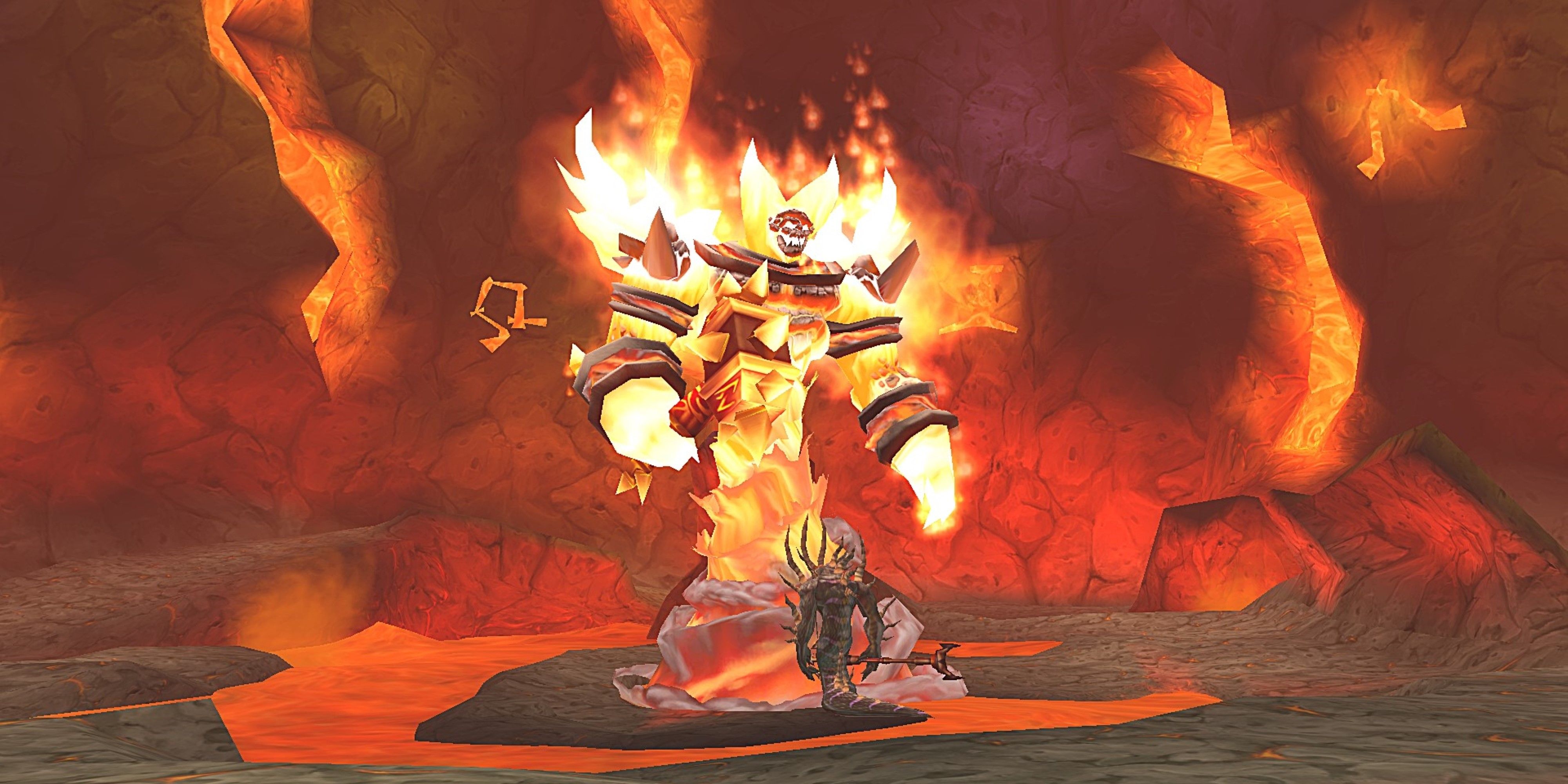 ragnaros the firelord and his flamewaker lieutenant, majordomo executus in ragnaros' lair in the molten core raid