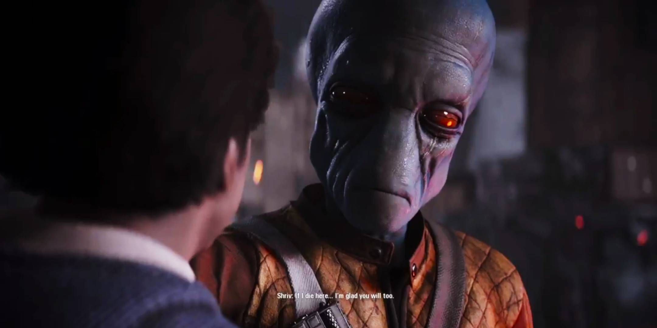 Shriv Suurgav talking to Lando Calrissian saying if I die here I'm glad you will too in Star Wars Battlefront 2