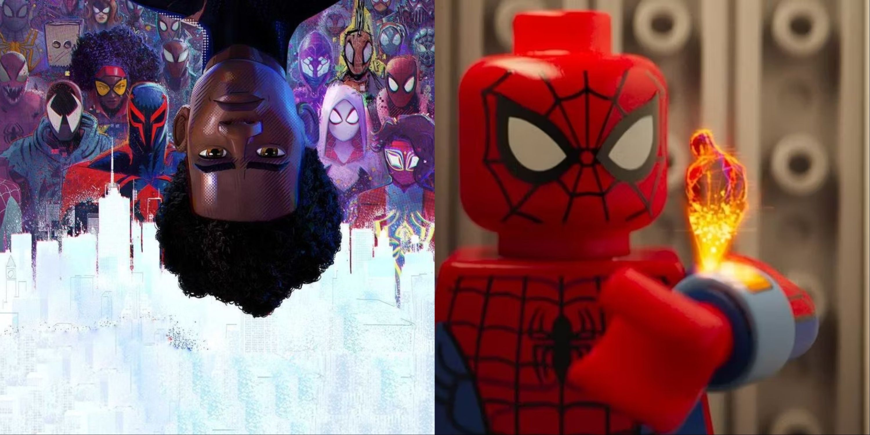 Spider-Man Across The Spider-Verse Collage of the Movie Art با مایلز مورالس وارونه و دنیای لگو اسپایدرمن