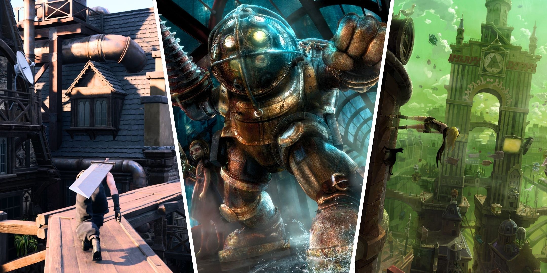 Split image of Cloud sneaking through Kalm in Final Fantasy 7 Rebirth a Big Daddy and Little Sister in Rapture from BioShock and Kat standing perpendicular on a building in Hekseville from Gravity Rush-1