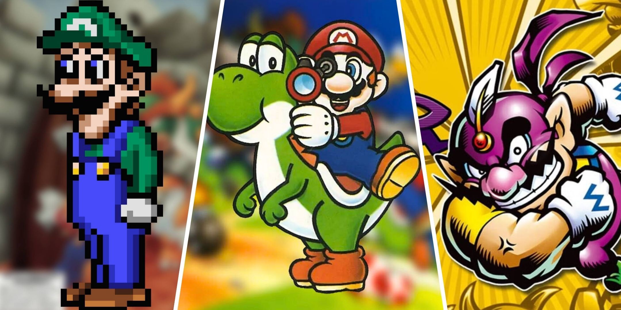 On PC, a split image of Luigi from Mario is missing. Mario riding Yoshi and holding a super scope from Yoshi's Safari and Wario in costume from Wario Master of Disguise