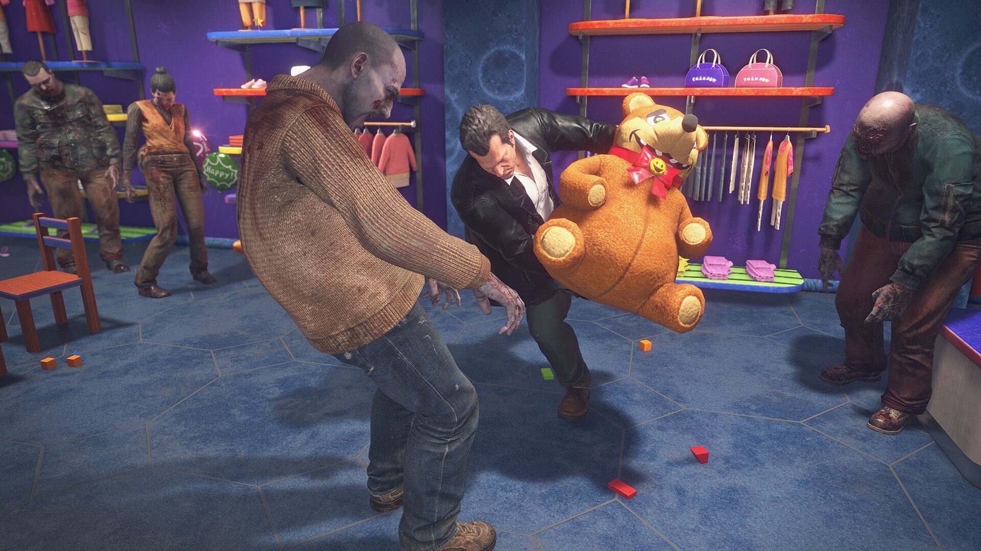 Dead Rising Deluxe Remaster - Frank hitting a zombie with a giant teddy bear